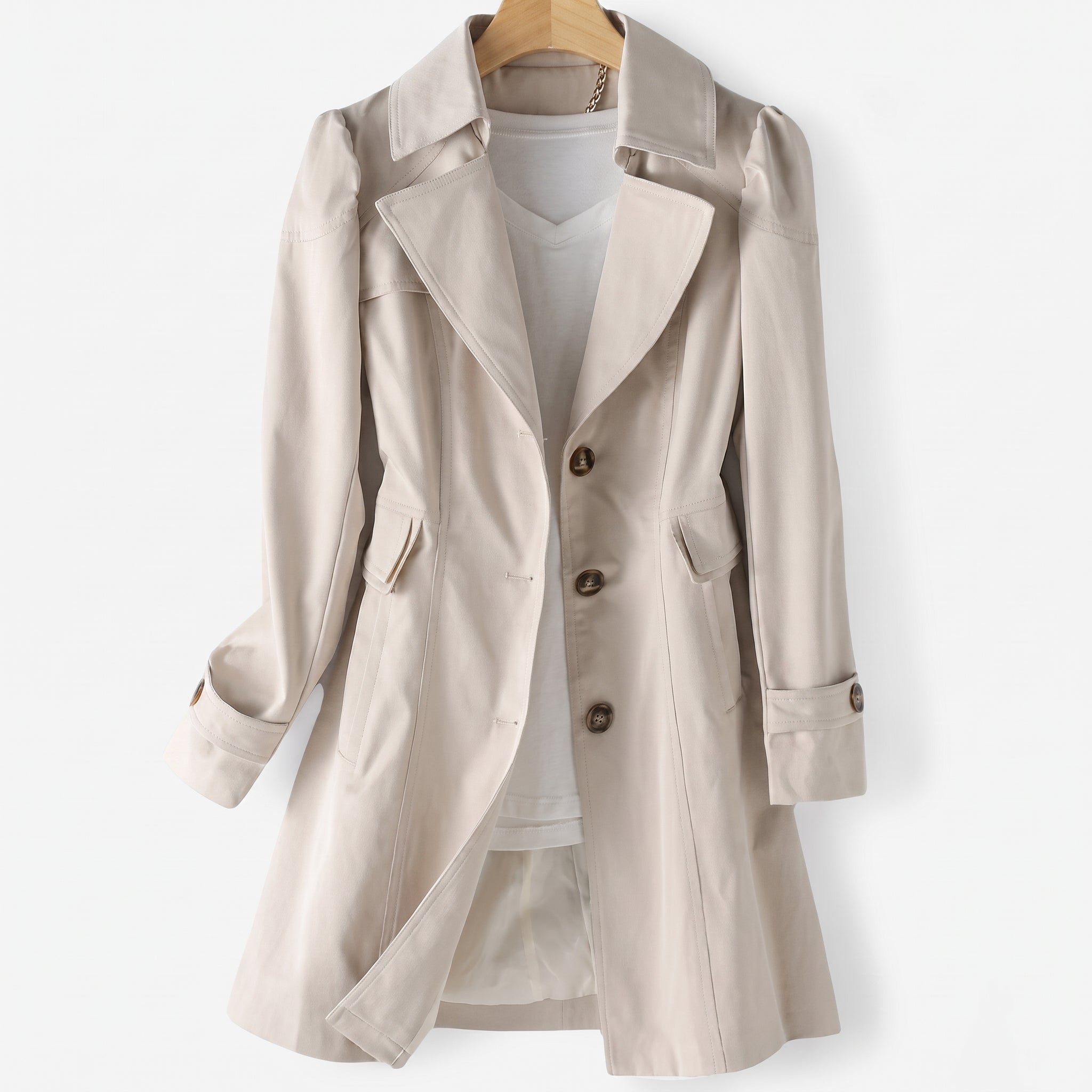 Sarah - Women's Single-Breasted Longline Trench Coat with Notch Lapel - Trench Coats - Beige - Taylor & Bennett