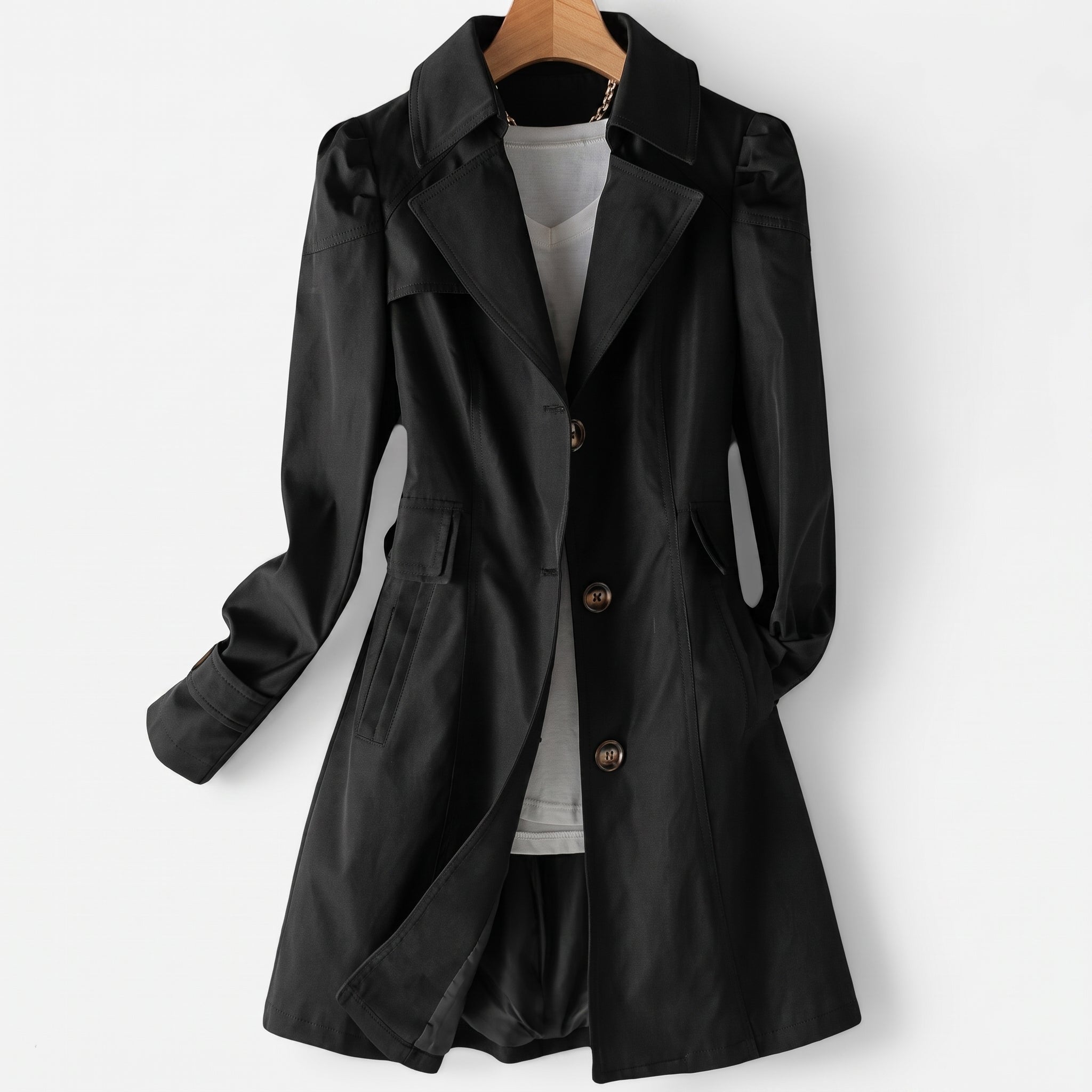 Sarah - Women's Single-Breasted Longline Trench Coat with Notch Lapel - Trench Coats - Black - Taylor & Bennett