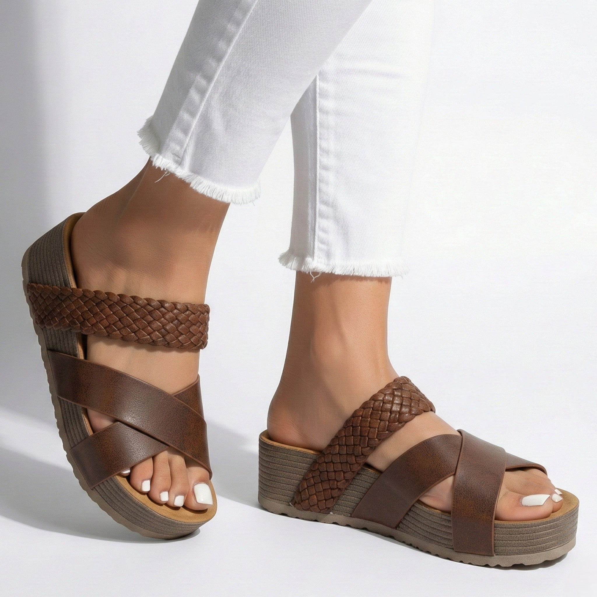 Savannah - Woman's Criss - Cross Strap Wedge Sandals - Footwear - Brown - Taylor & Bennett