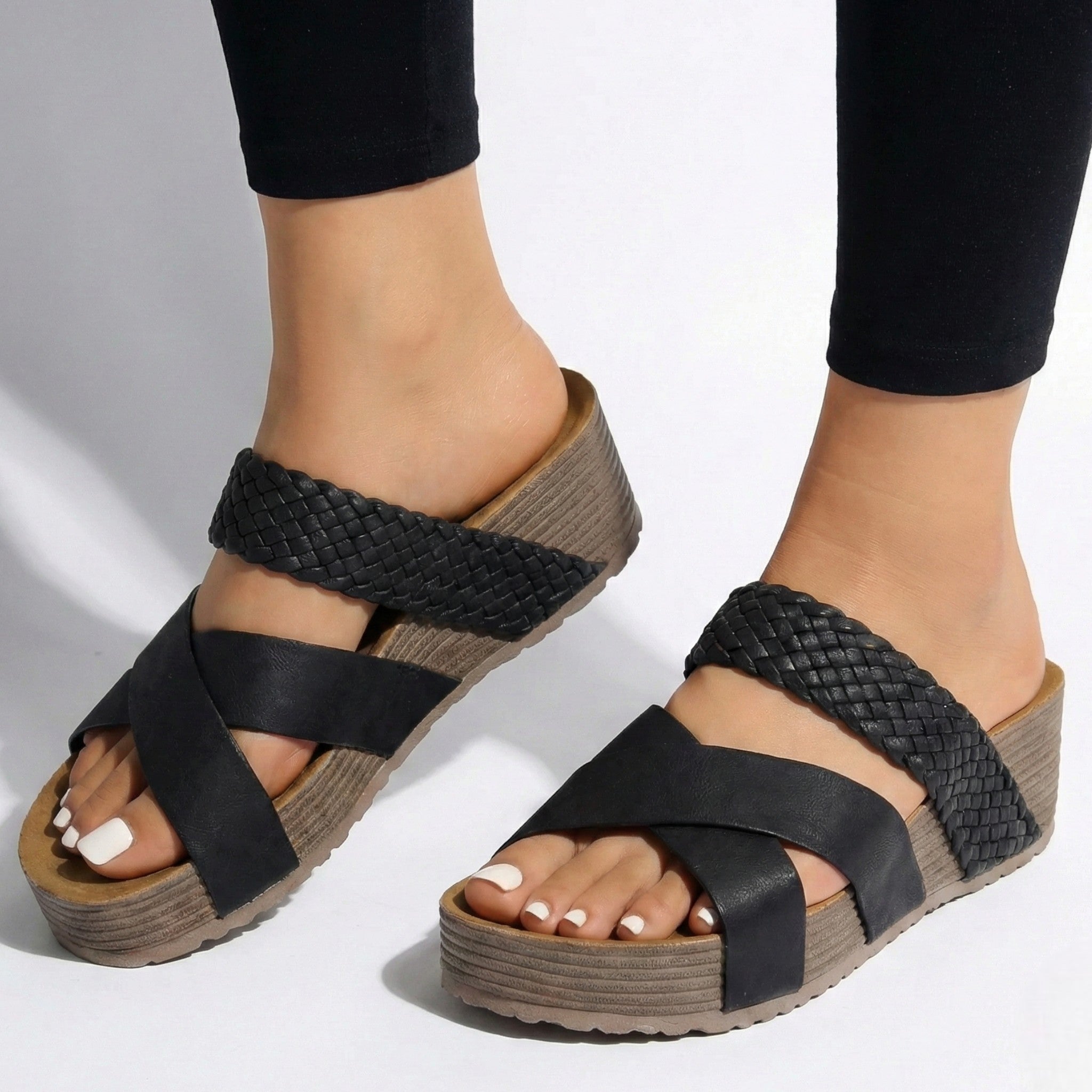 Savannah - Woman's Criss - Cross Strap Wedge Sandals - Footwear - Black - Taylor & Bennett