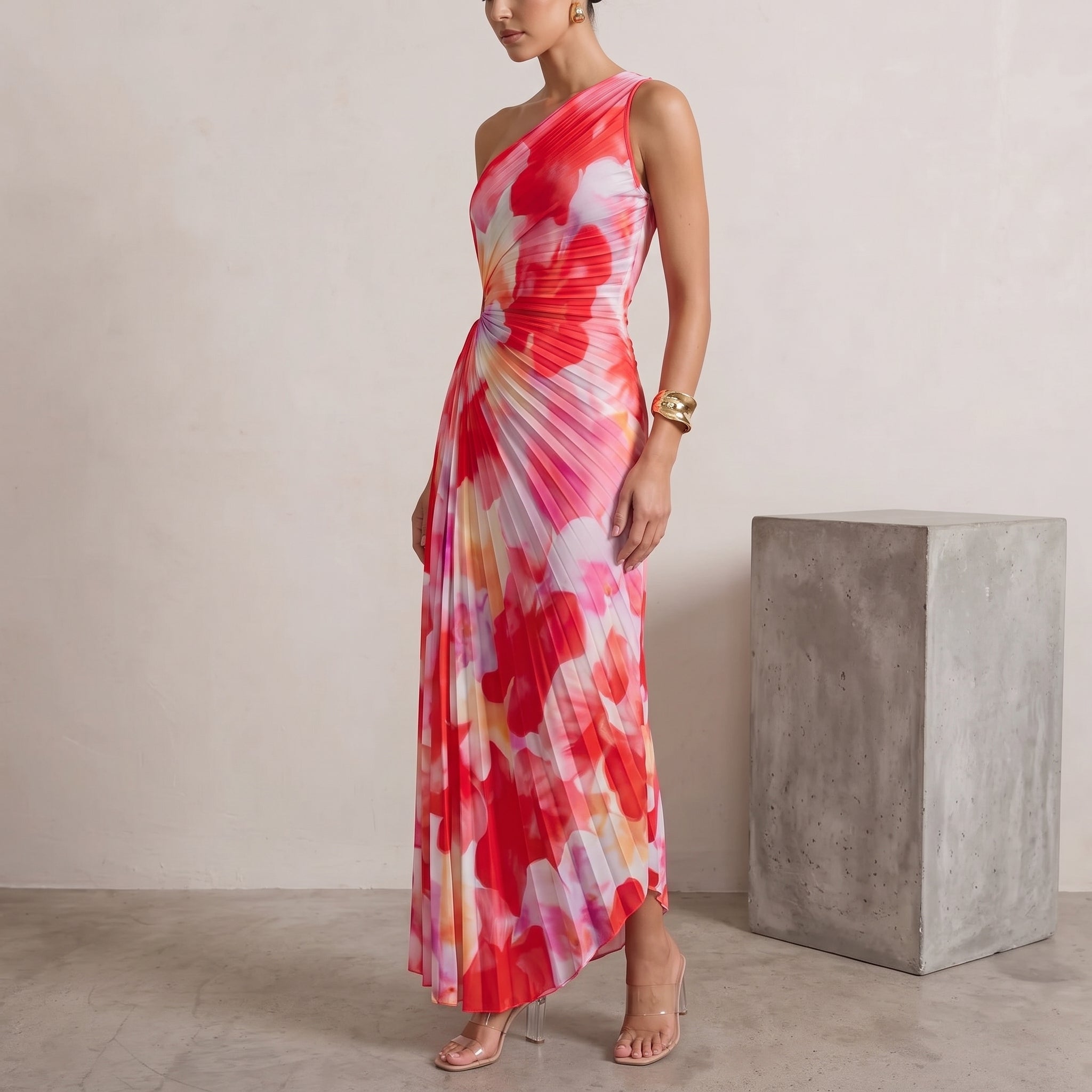 Serena - Women's Summer Floral One-Shoulder Maxi Dress - Maxi Dress - Red - Taylor & Bennett