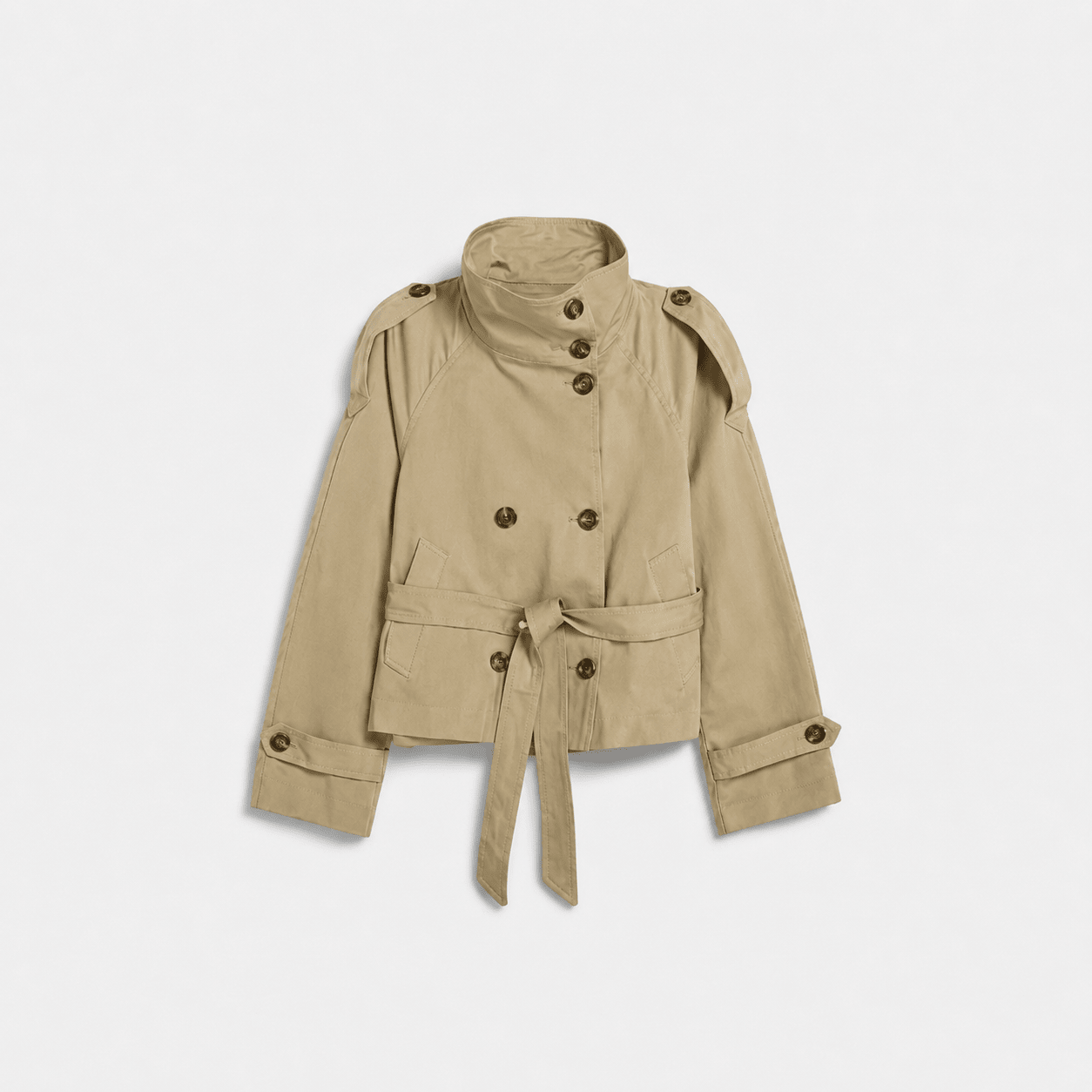 Sibylle - Women's Stand Collar Belted Cropped Jacket - Trench Coats - Khaki - Taylor & Bennett