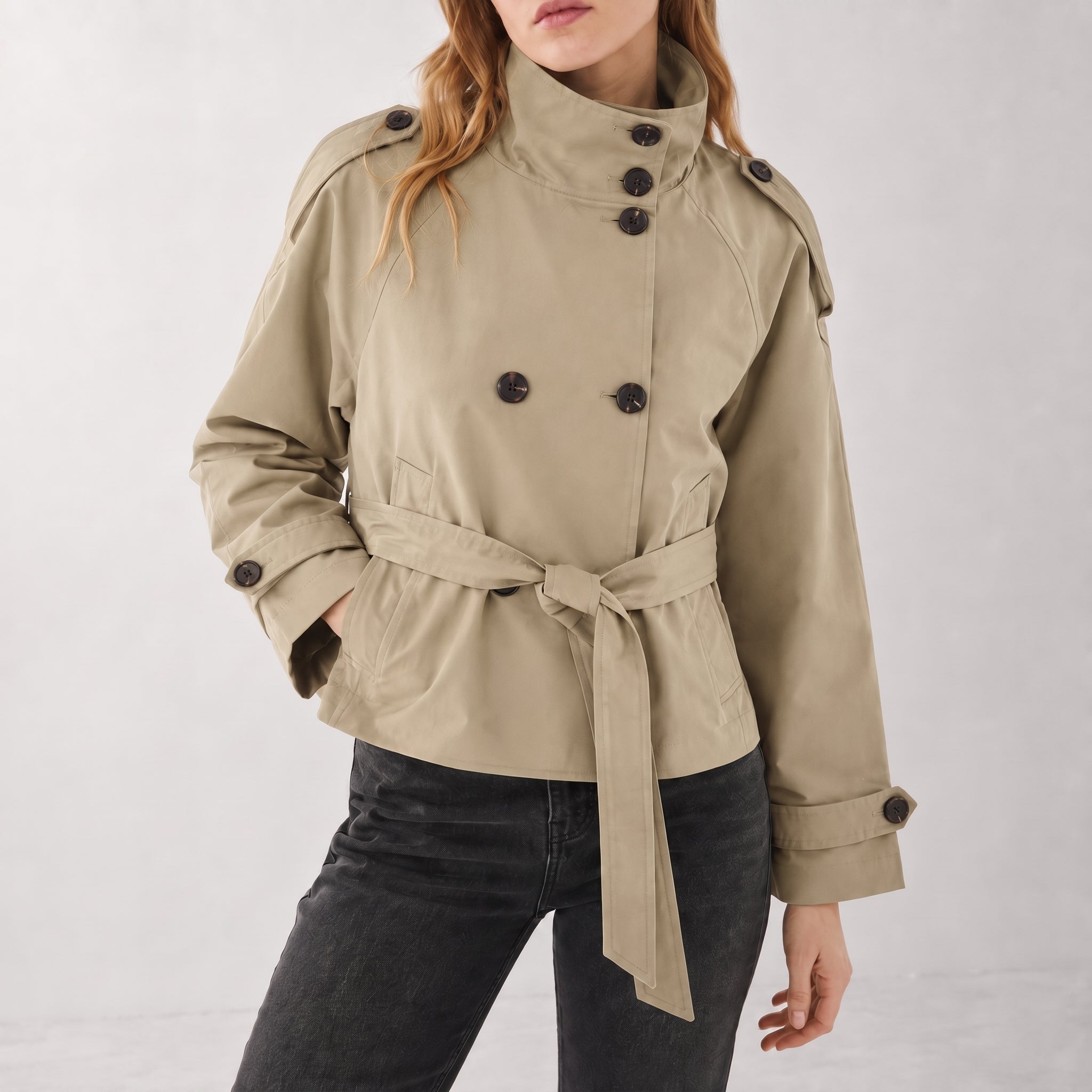 Sibylle - Women's Stand Collar Belted Cropped Jacket - Trench Coats - Khaki - Taylor & Bennett