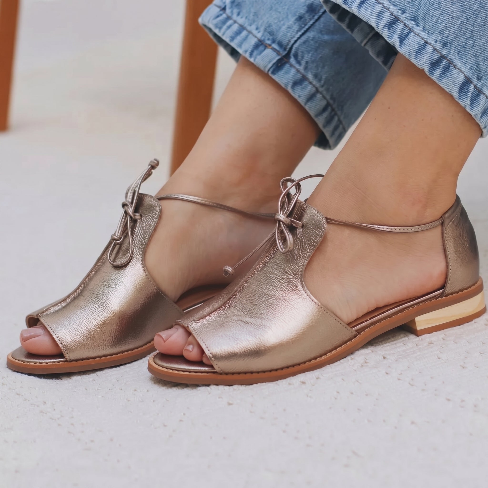 Sibylle - Women's Summer Peep Toe Lace - Up Tie Ankle - Sandals - Champagne - Taylor & Bennett