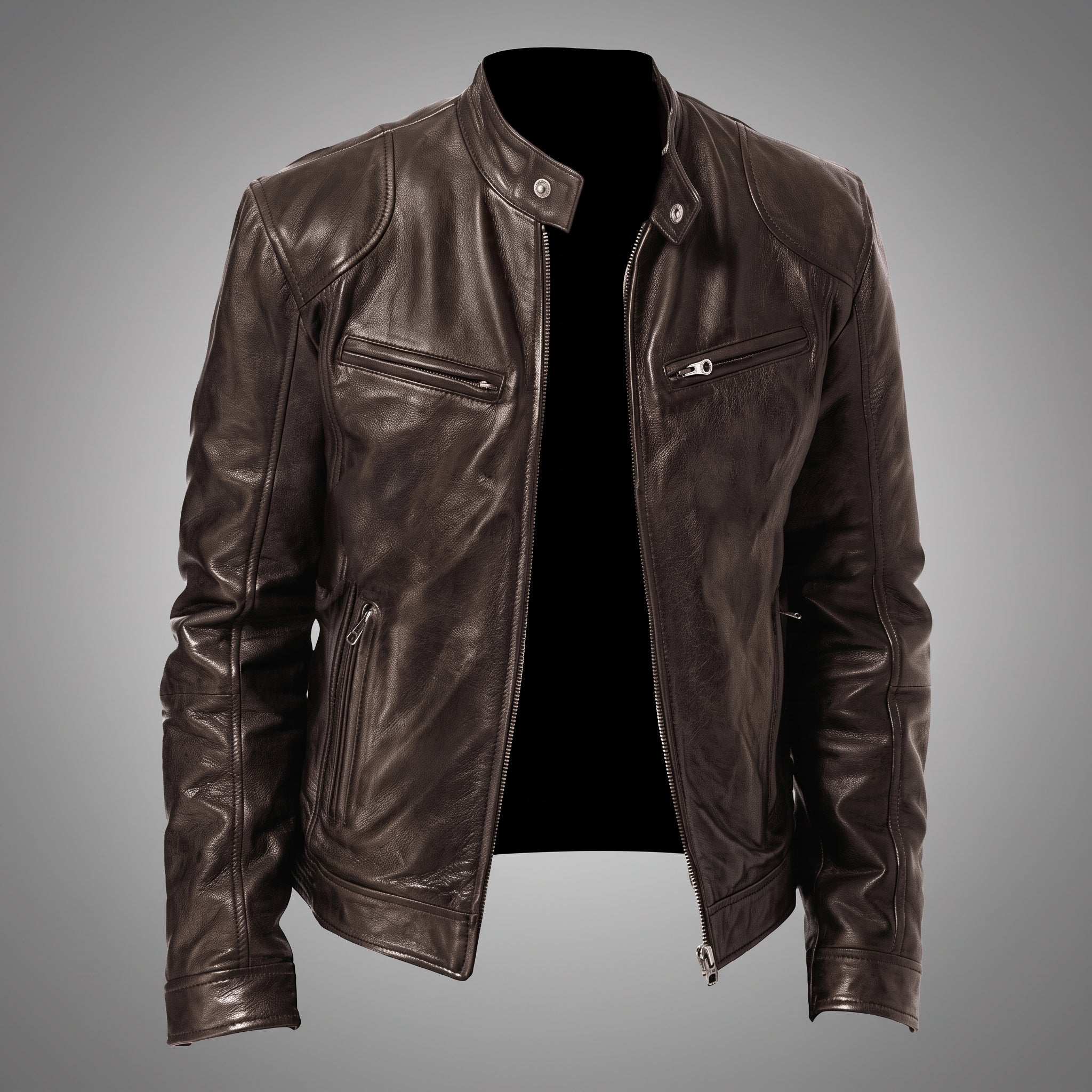 Siegfried - Men's Band Collar Transitional Multi-Pocket Jacket - Motorcycle Outerwear - Brown - Taylor & Bennett