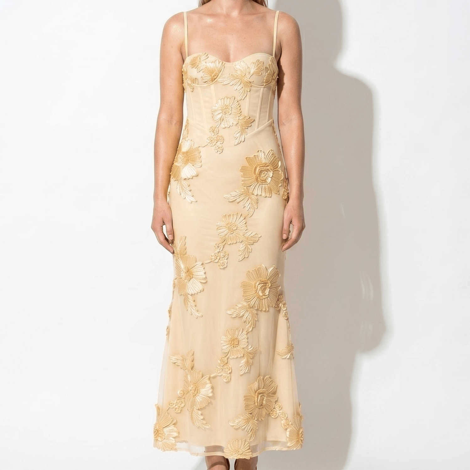 Sofia - Women's Evening Floral Sweetheart Maxi Dress with Straps - Maxi Dress - Yellow - Taylor & Bennett