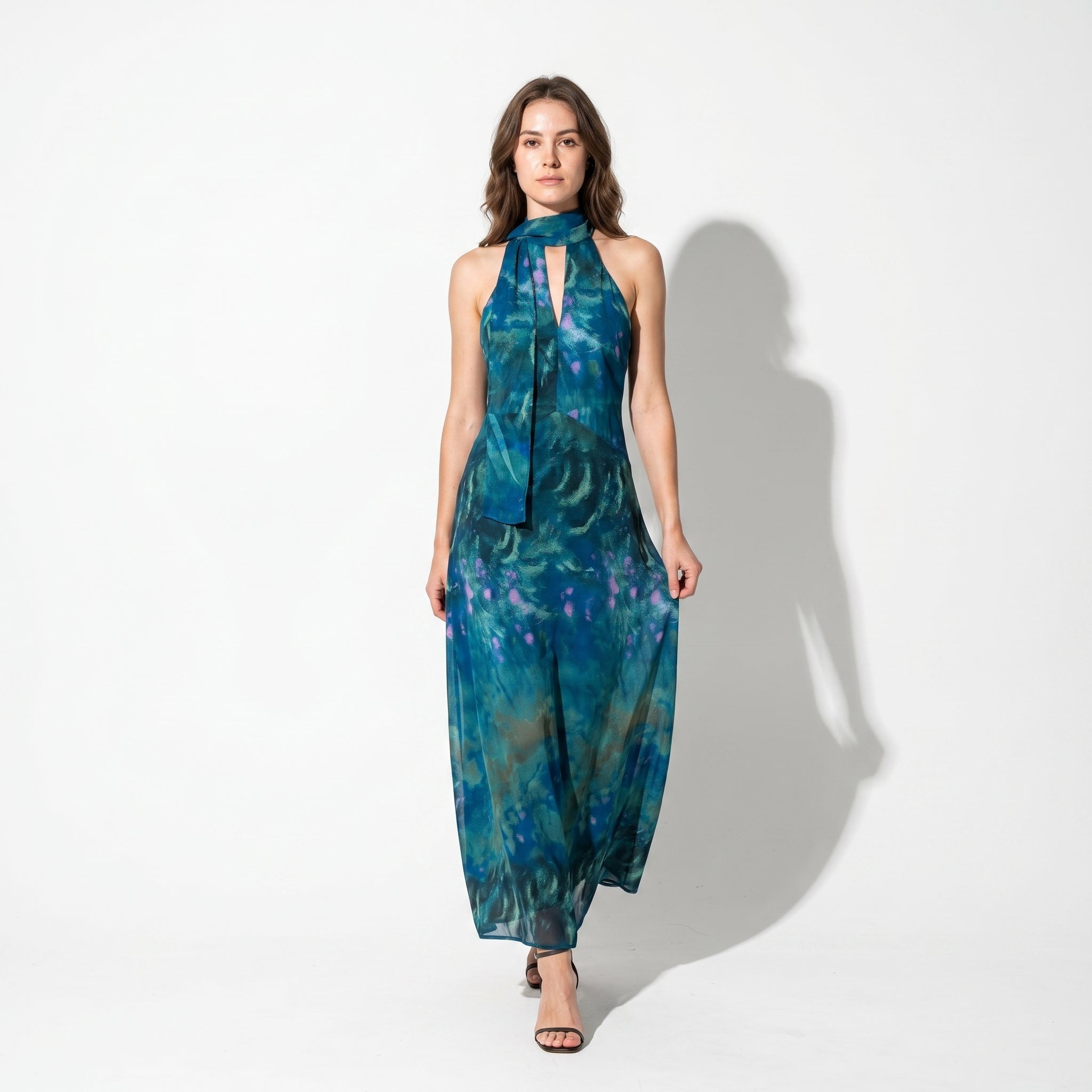 Sofia - Women's Evening Printed Halter Neck Maxi Dress - Maxi Dress - Dark Green - Taylor & Bennett