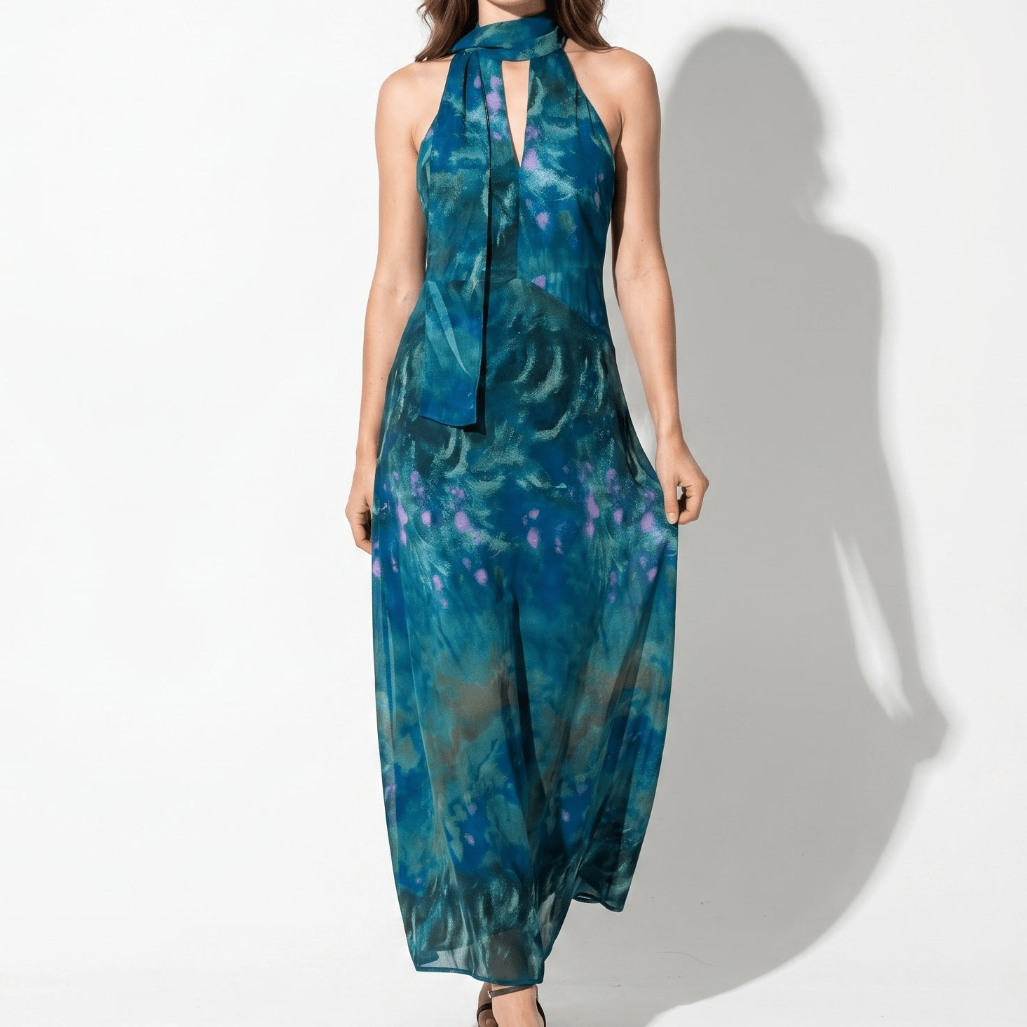 Sofia - Women's Evening Printed Halter Neck Maxi Dress - Maxi Dress - Dark Green - Taylor & Bennett