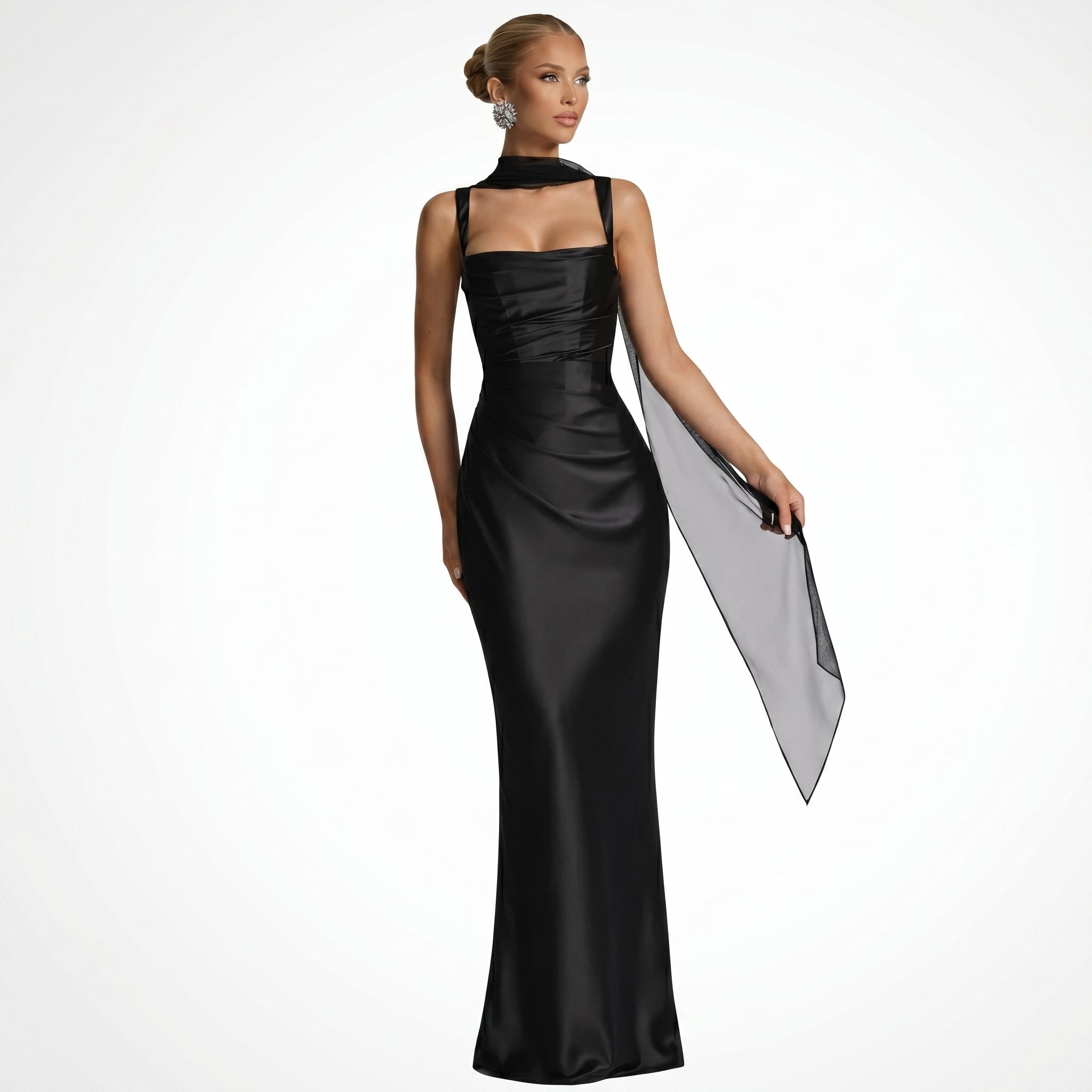 Sofia - Women's Evening Ruched Square Neck Maxi Dress - Maxi Dress - Black - Taylor & Bennett