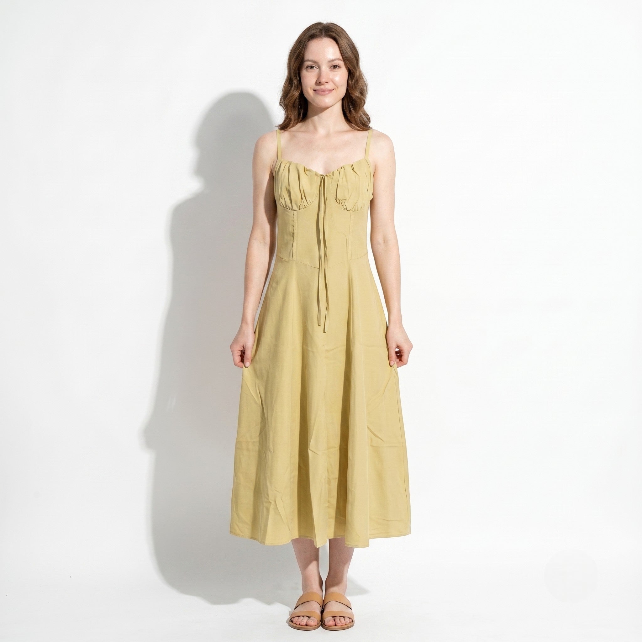 Sofia - Women's Wedding Guest Ruched Maxi Dress with Thin Straps - Maxi Dress - Yellow - Taylor & Bennett