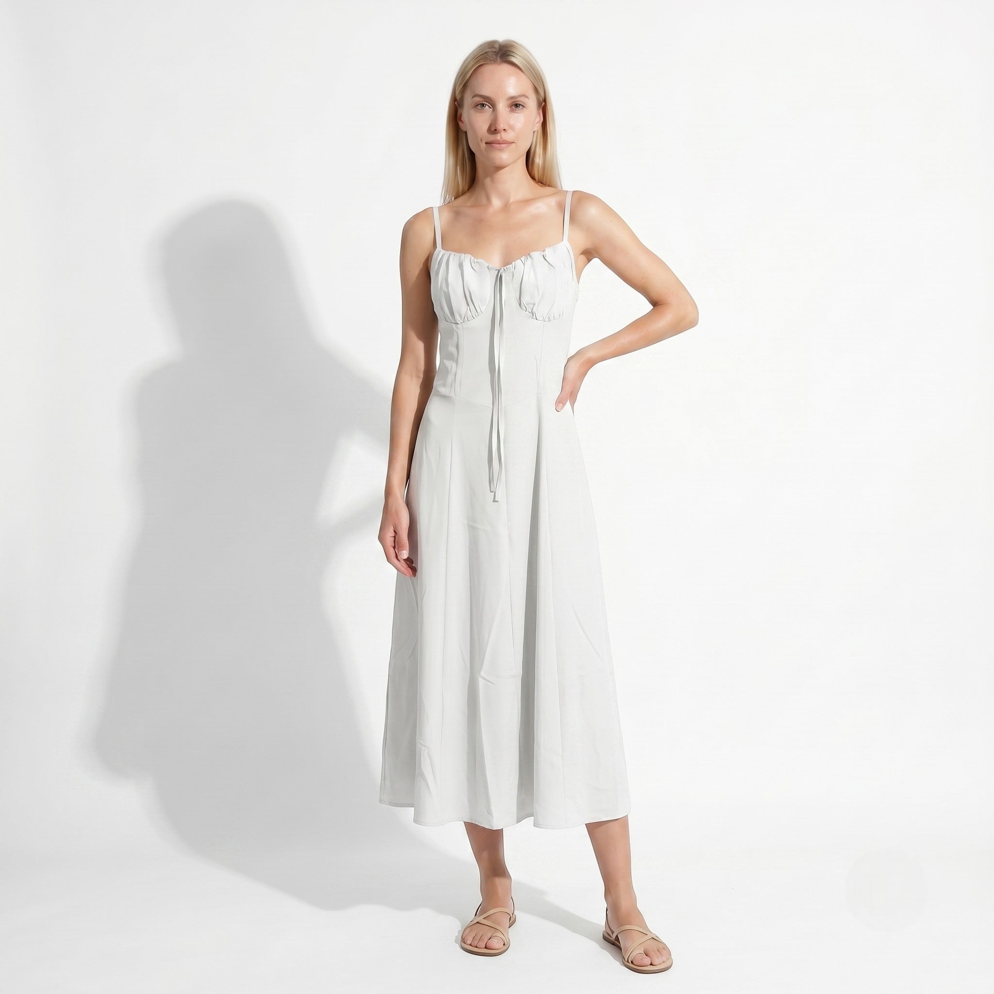 Sofia - Women's Wedding Guest Ruched Maxi Dress with Thin Straps - Maxi Dress - White - Taylor & Bennett