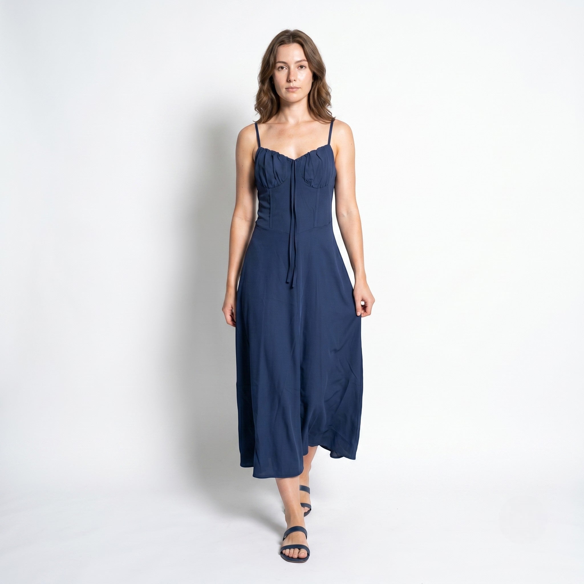 Sofia - Women's Wedding Guest Ruched Maxi Dress with Thin Straps - Maxi Dress - Dark Blue - Taylor & Bennett