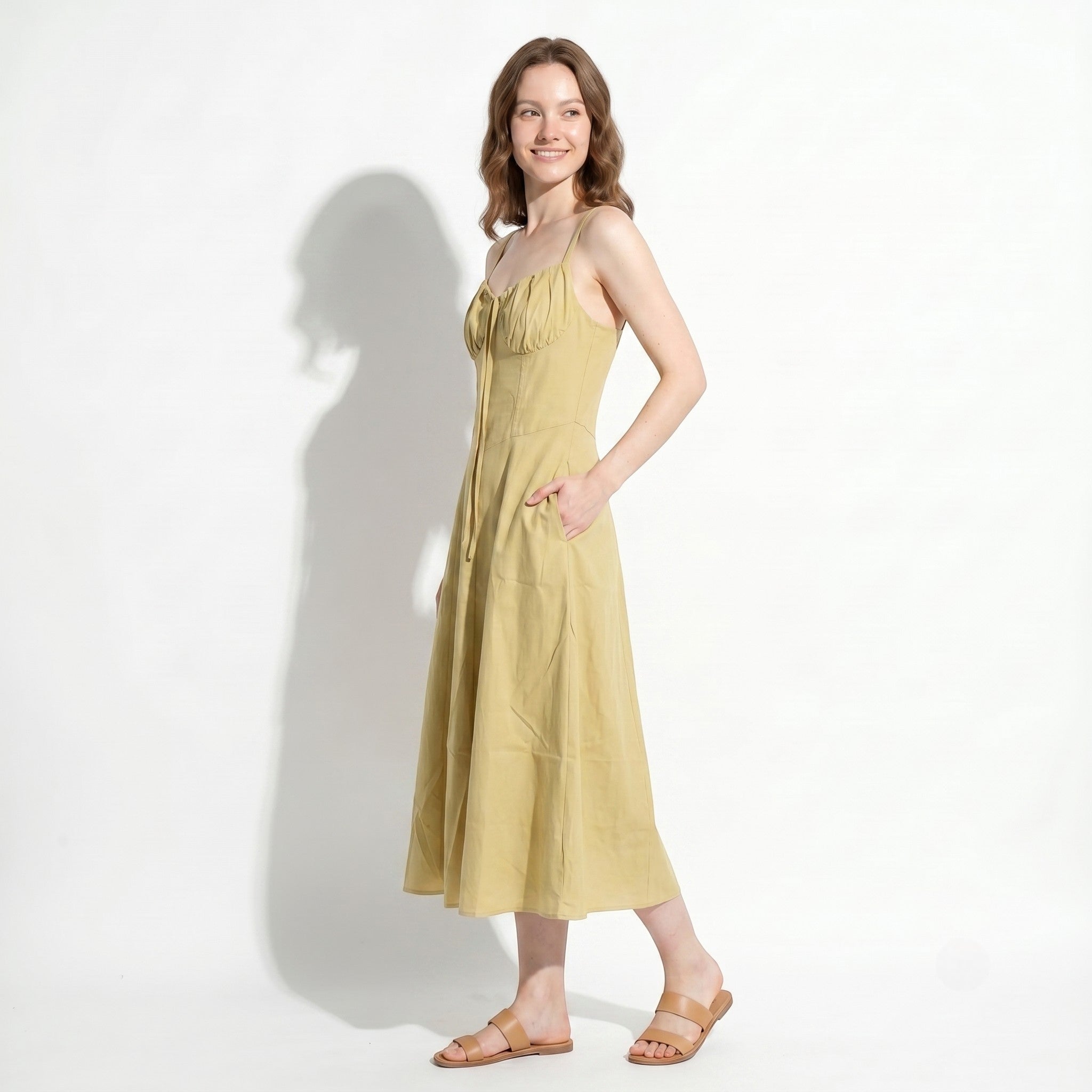 Sofia - Women's Wedding Guest Ruched Maxi Dress with Thin Straps - Maxi Dress - Yellow - Taylor & Bennett