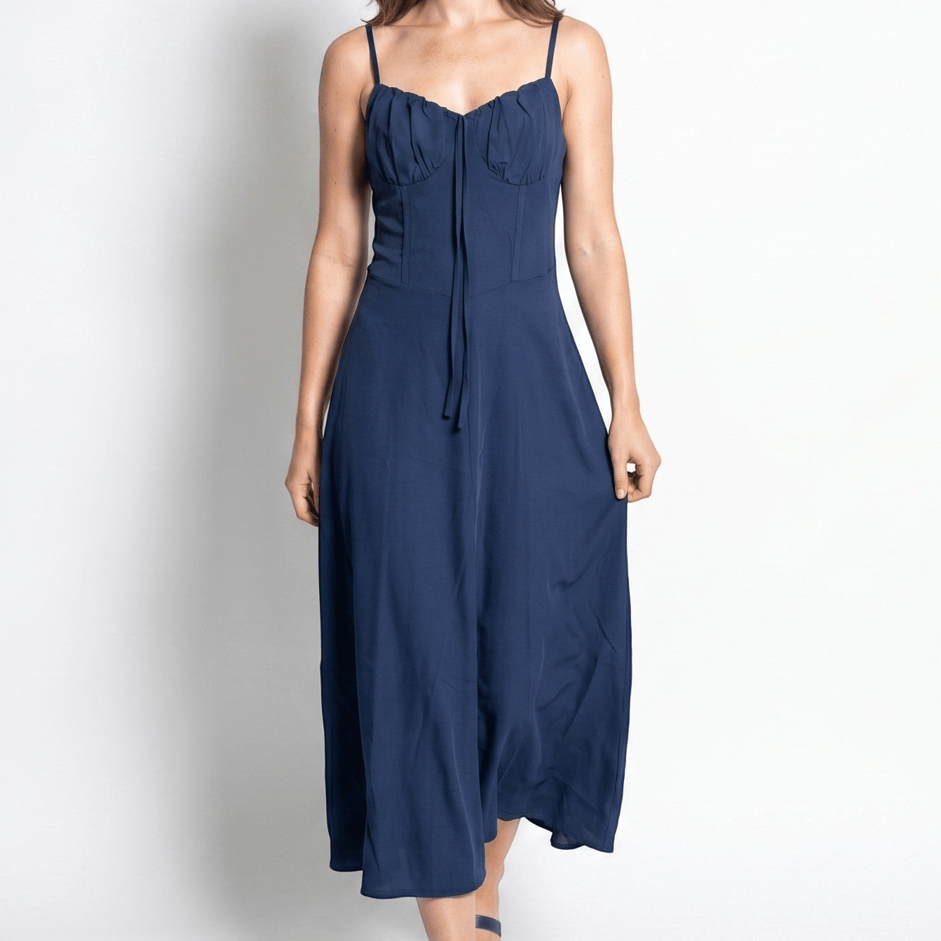 Sofia - Women's Wedding Guest Ruched Maxi Dress with Thin Straps - Maxi Dress - Dark Blue - Taylor & Bennett