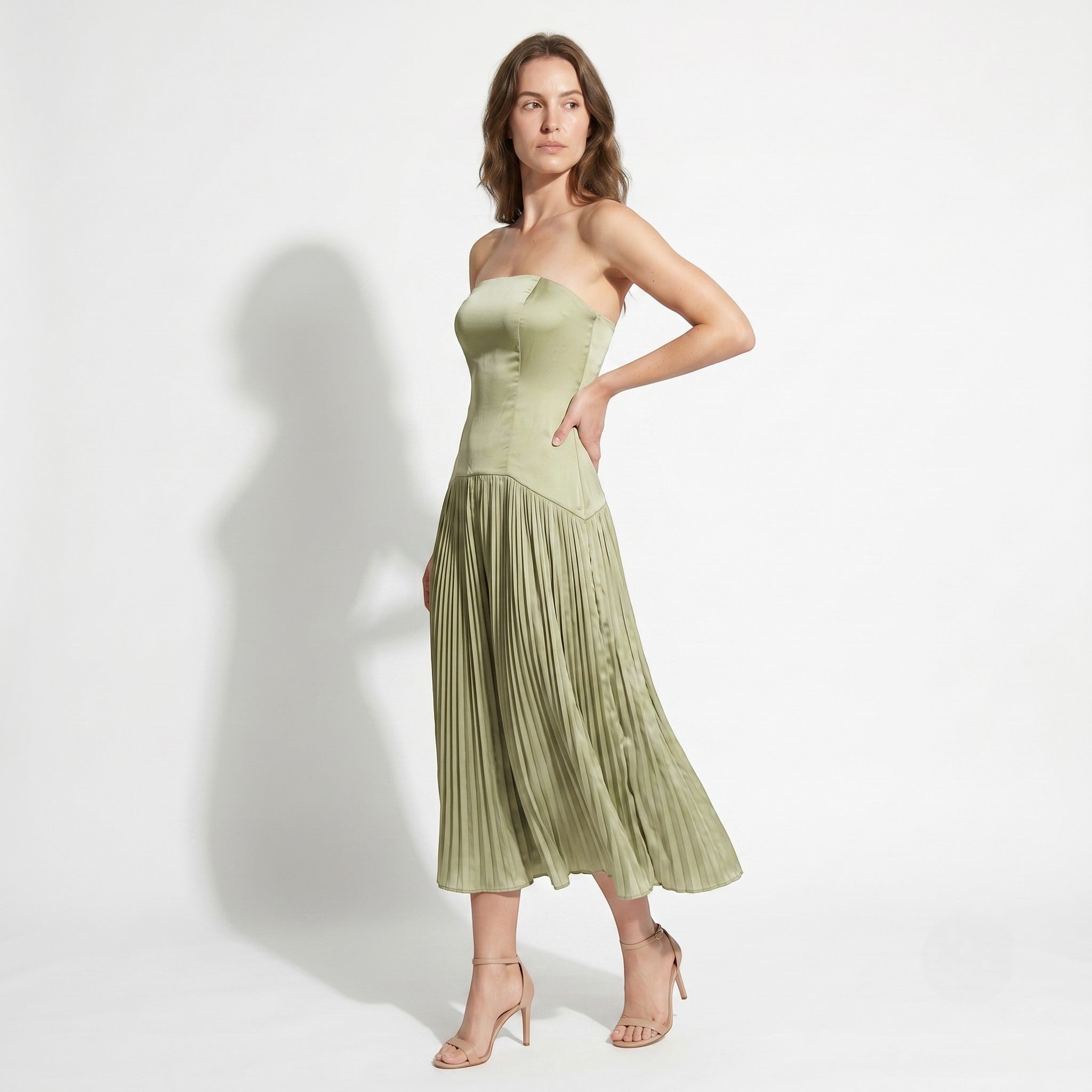 Sofia - Women's Wedding Guest Strapless Pleated Midi Dress - Midi Dress - Green - Taylor & Bennett