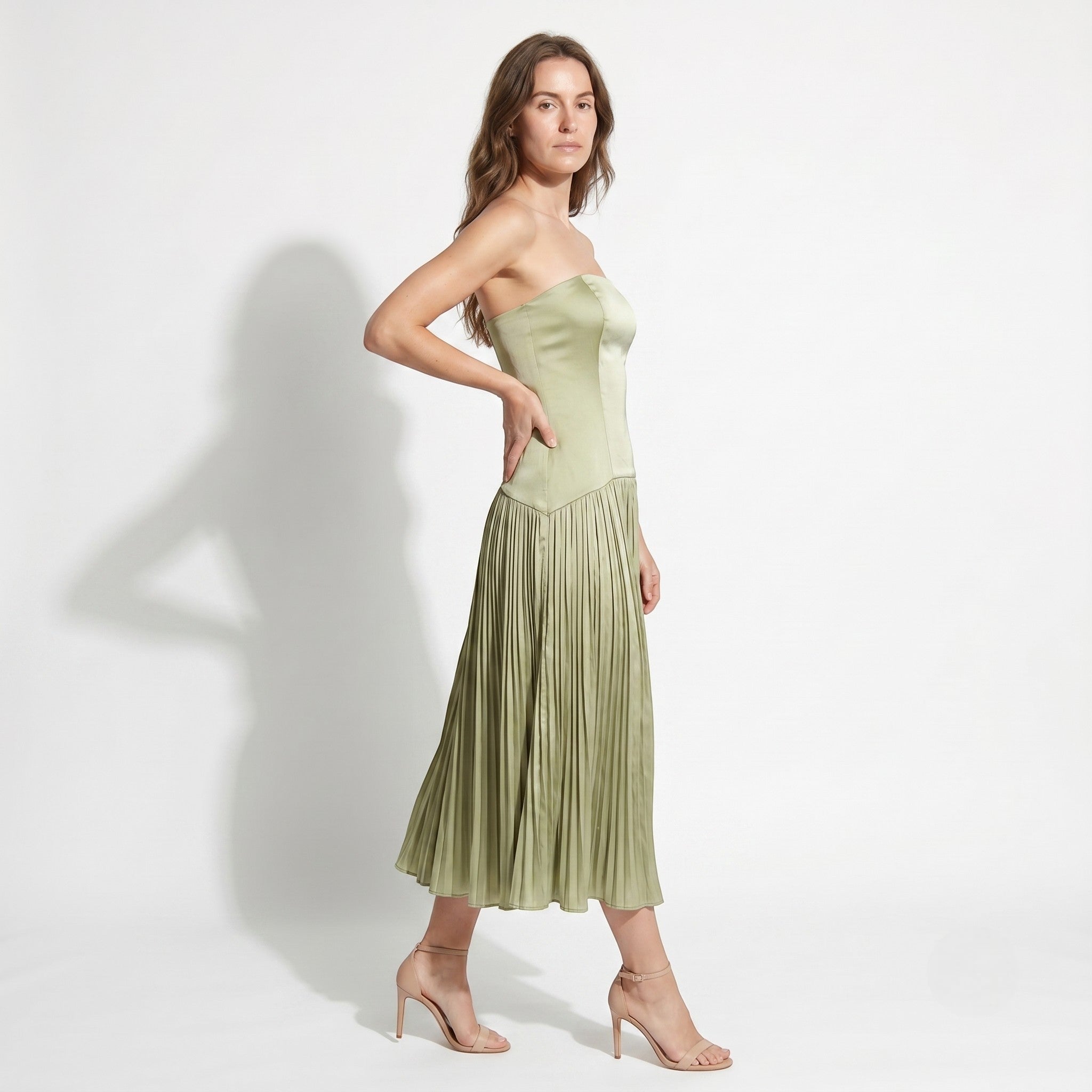 Sofia - Women's Wedding Guest Strapless Pleated Midi Dress - Midi Dress - Green - Taylor & Bennett