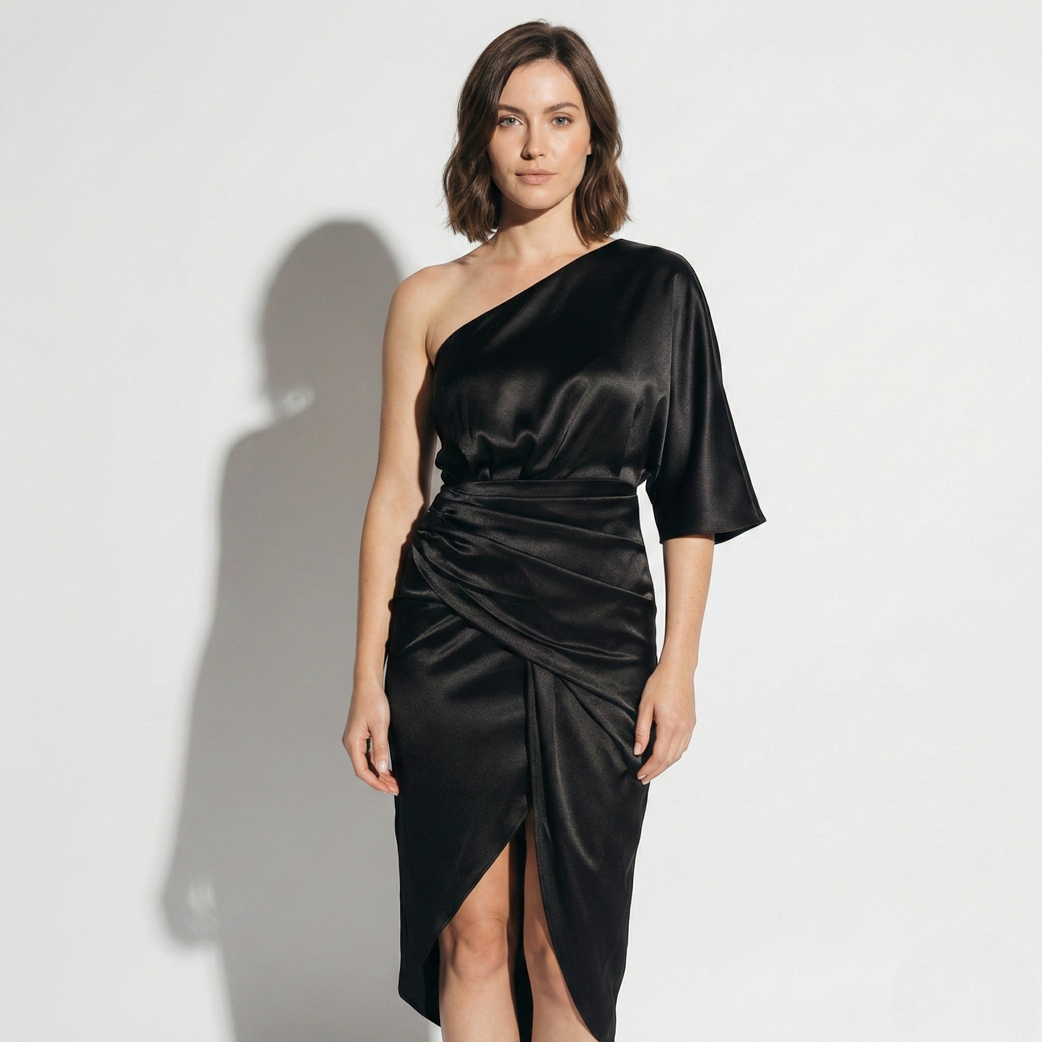 Sophia - Women's One Shoulder Midi Dress - Dresses - Black - Taylor & Bennett