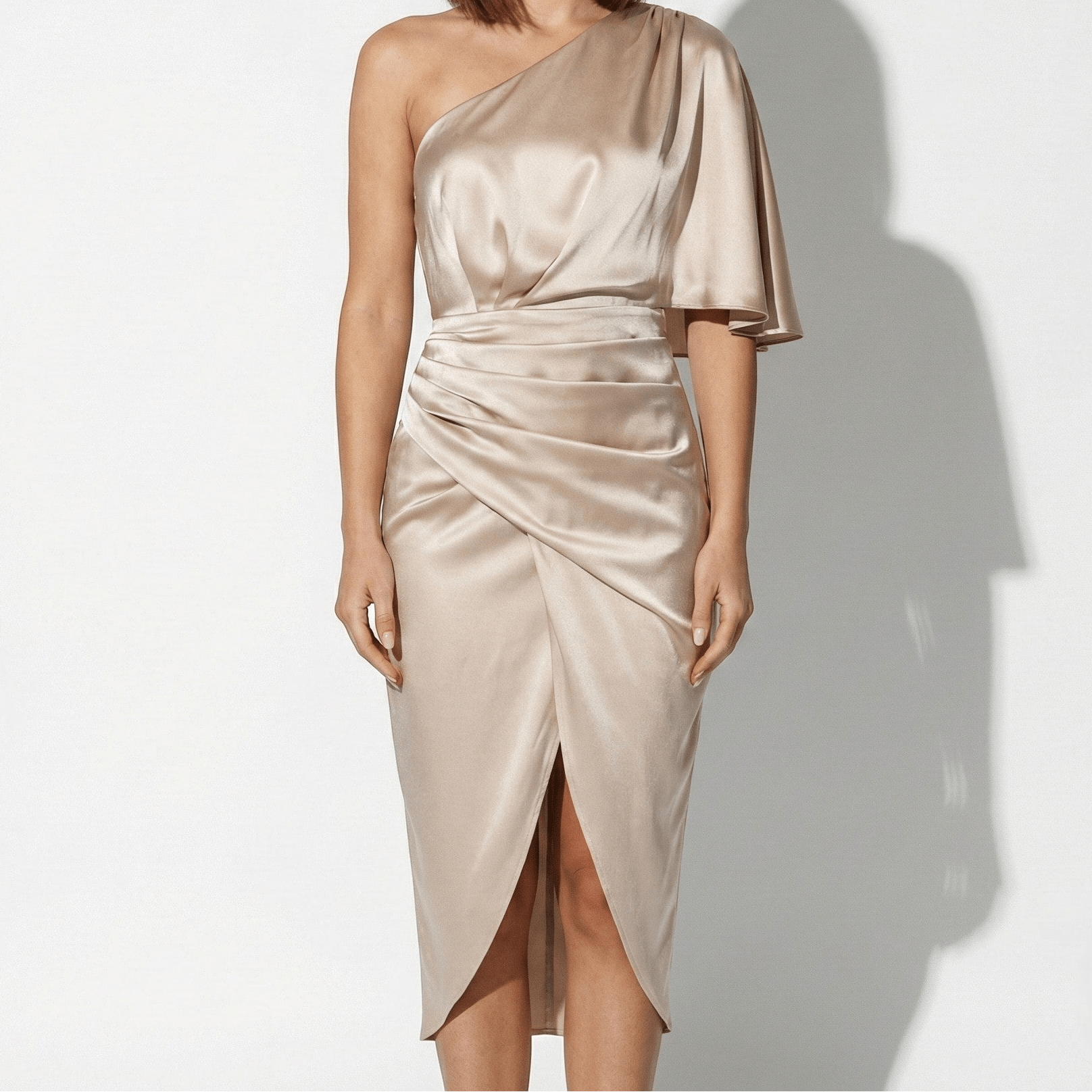 Sophia - Women's One Shoulder Midi Dress - Dresses - Champagne - Taylor & Bennett