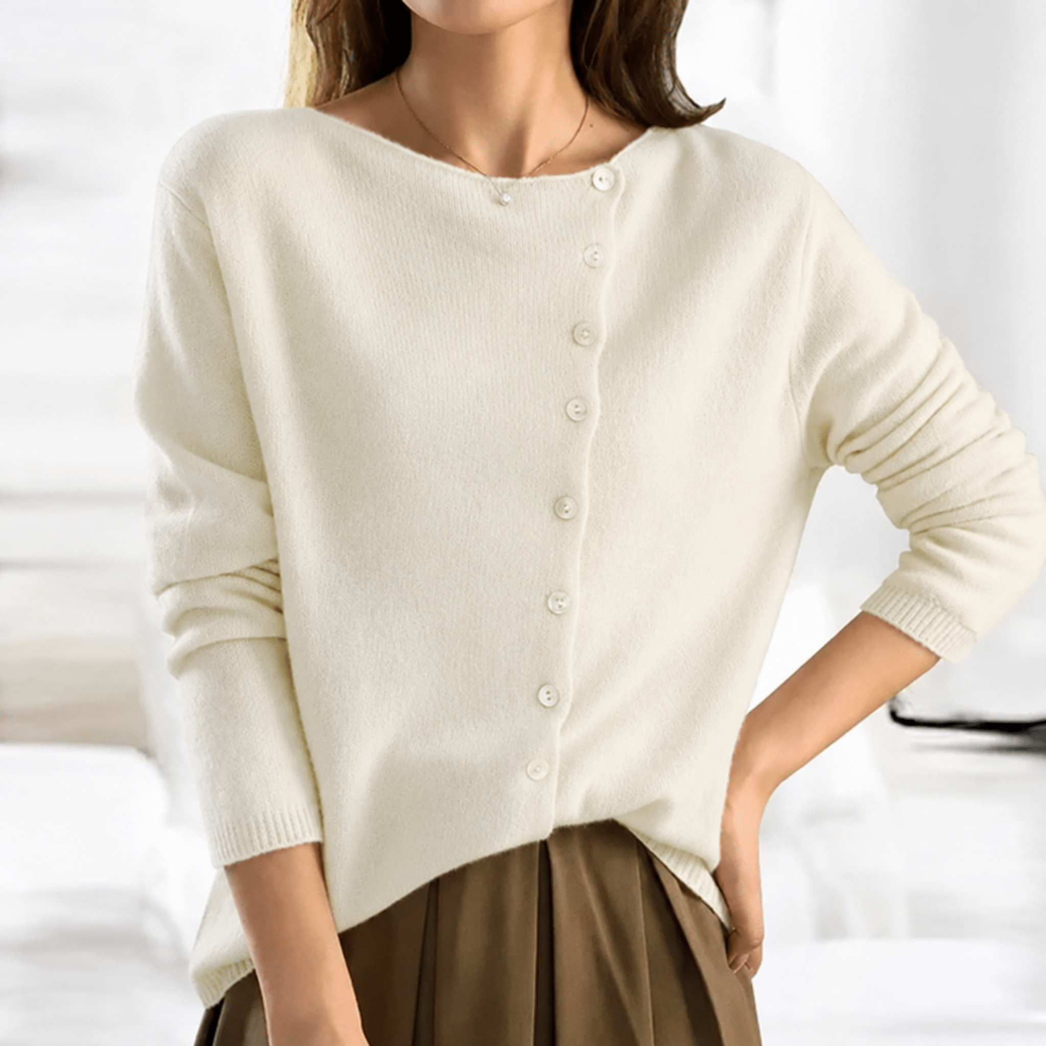 Sophie - Women's Asymmetric Button-Down Knit Cardigan - Cardigans - Beige - Taylor & Bennett