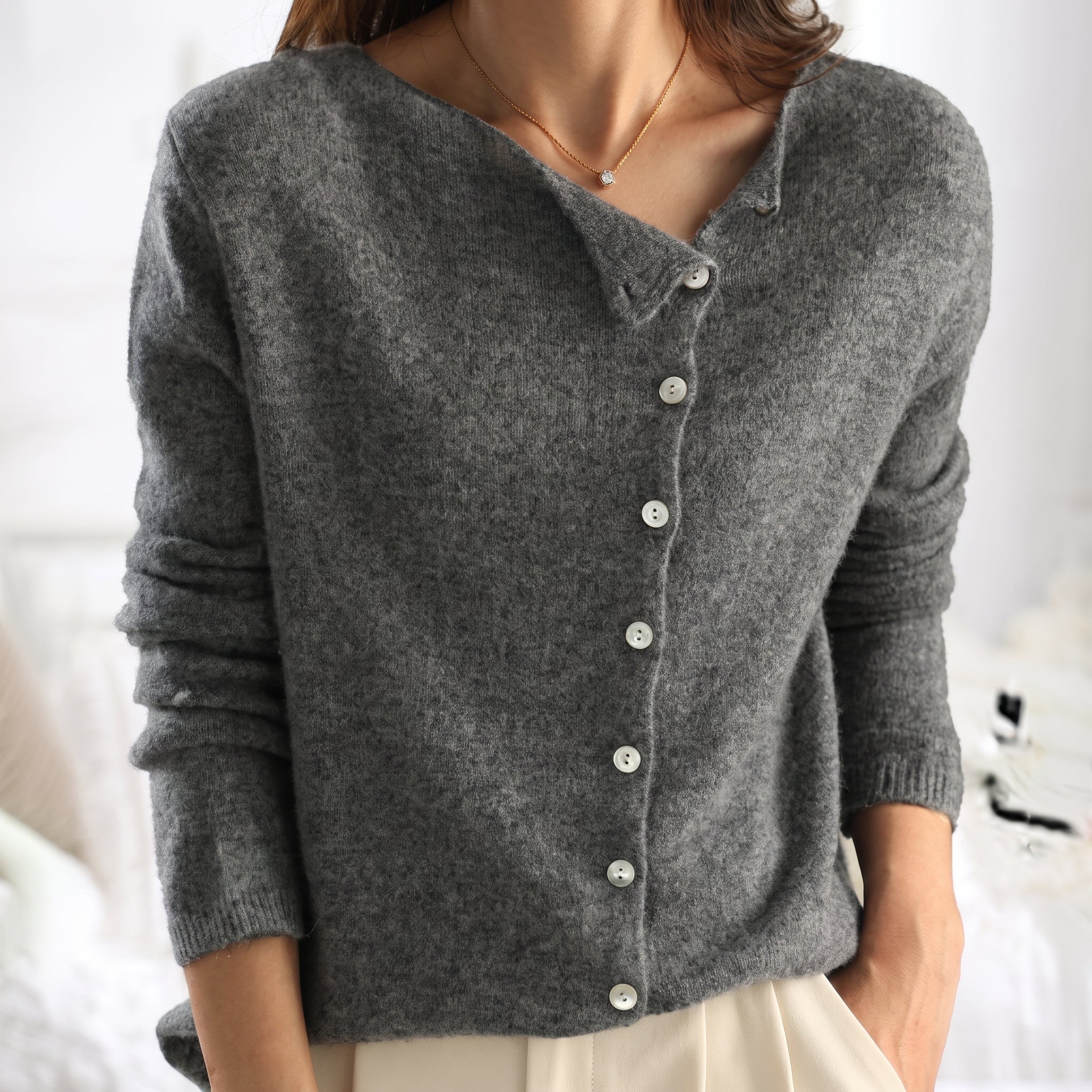 Sophie - Women's Asymmetric Button-Down Knit Cardigan - Cardigans - Grey - Taylor & Bennett
