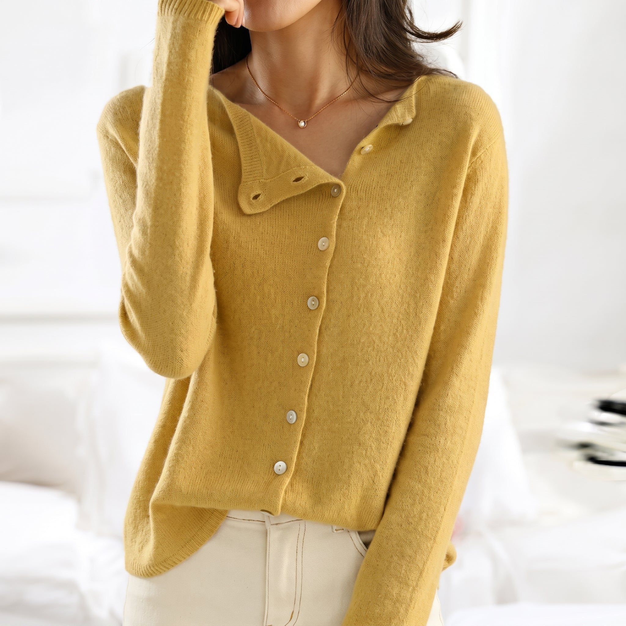 Sophie - Women's Asymmetric Button-Down Knit Cardigan - Cardigans - Yellow - Taylor & Bennett