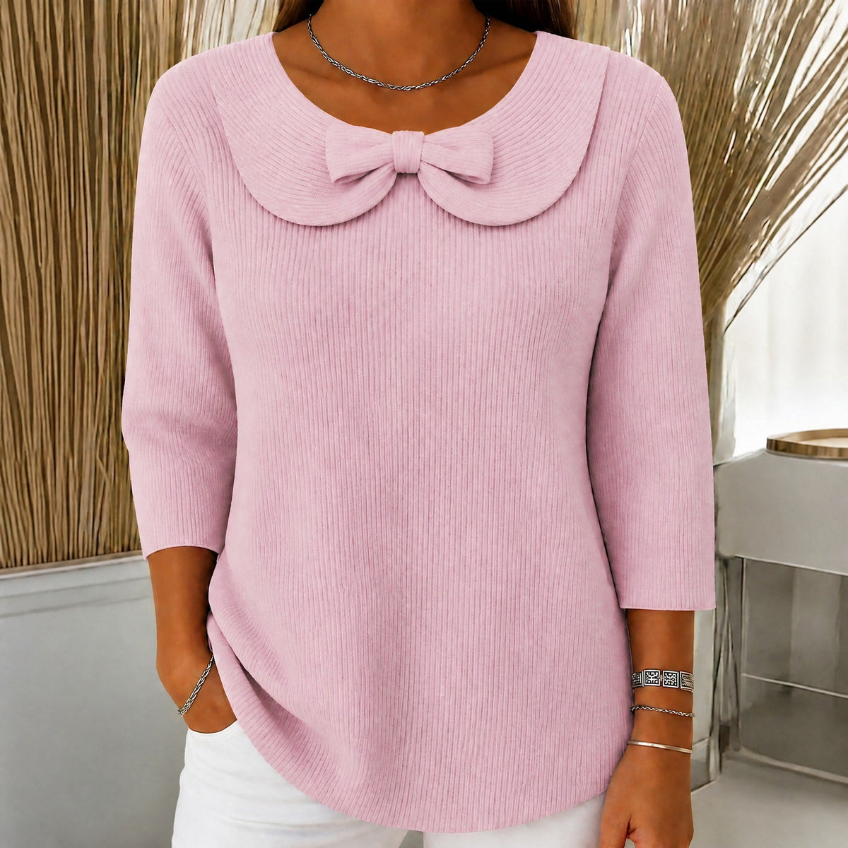 Sophie - Women's Bow Detail Ribbed Knit Top with Fold-Over Collar - Sweaters - Pink - Taylor & Bennett