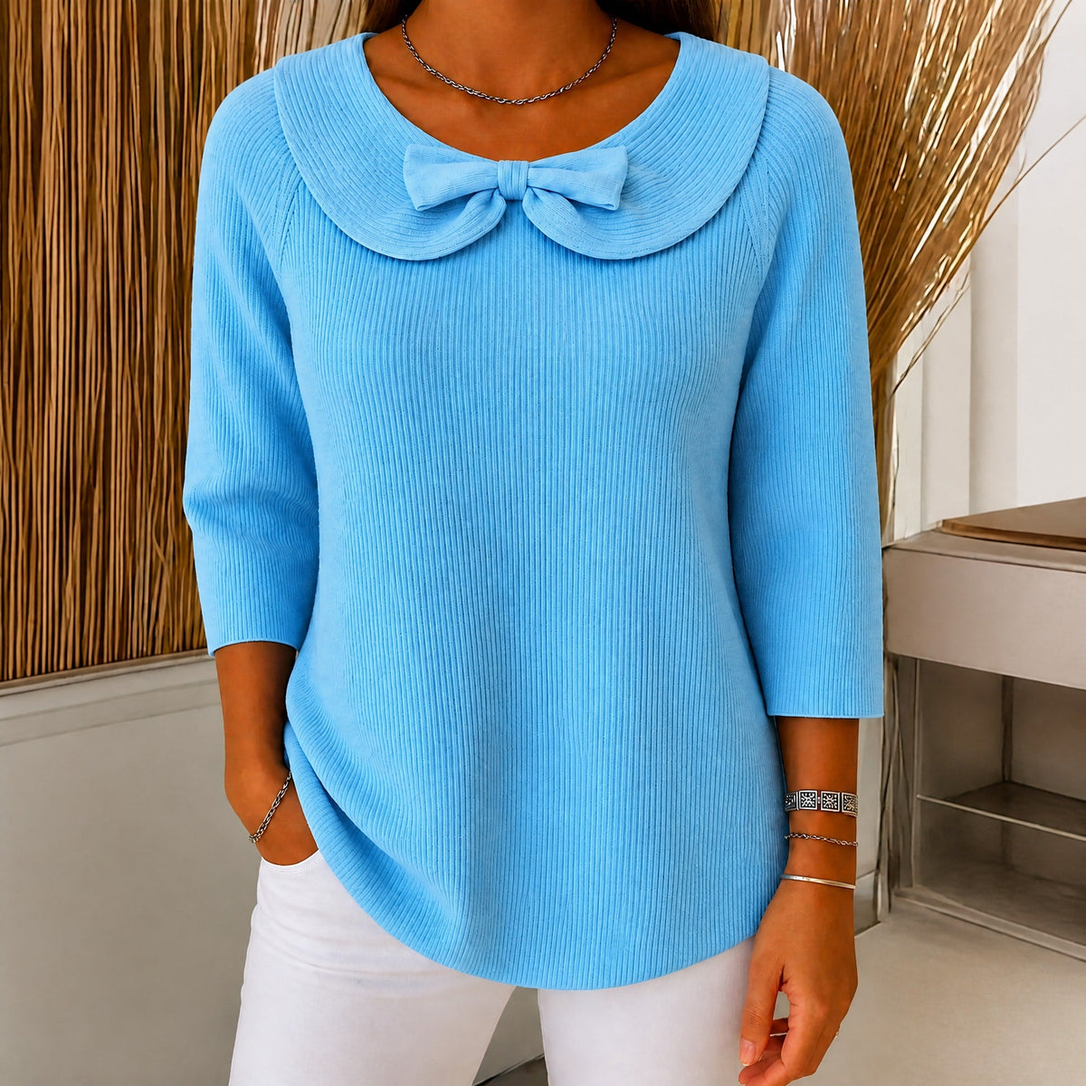 Sophie - Women's Bow Detail Ribbed Knit Top with Fold-Over Collar - Sweaters - Blue - Taylor & Bennett