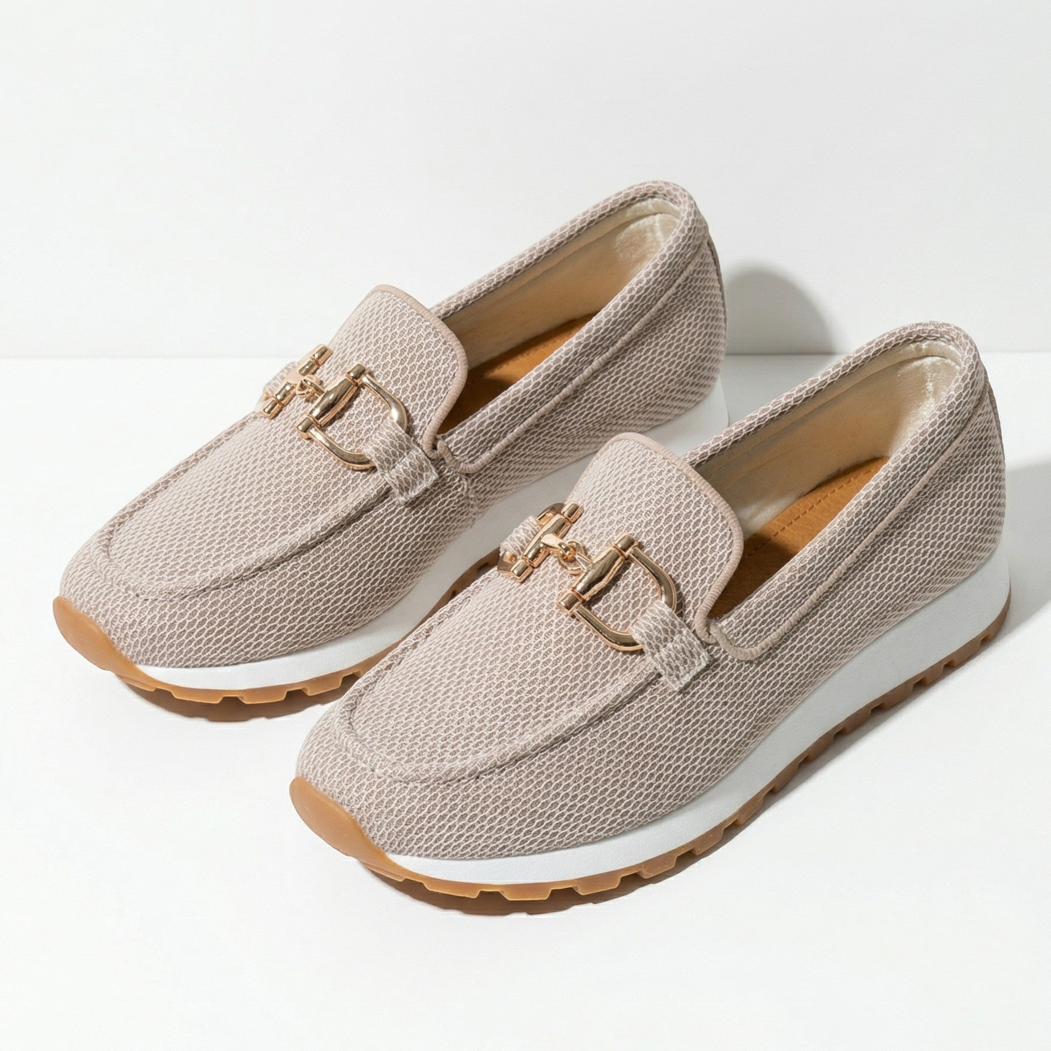 Sophie - Women's Breathable Slip - On Trainers with Gold Buckle - Trainers - Beige - Taylor & Bennett