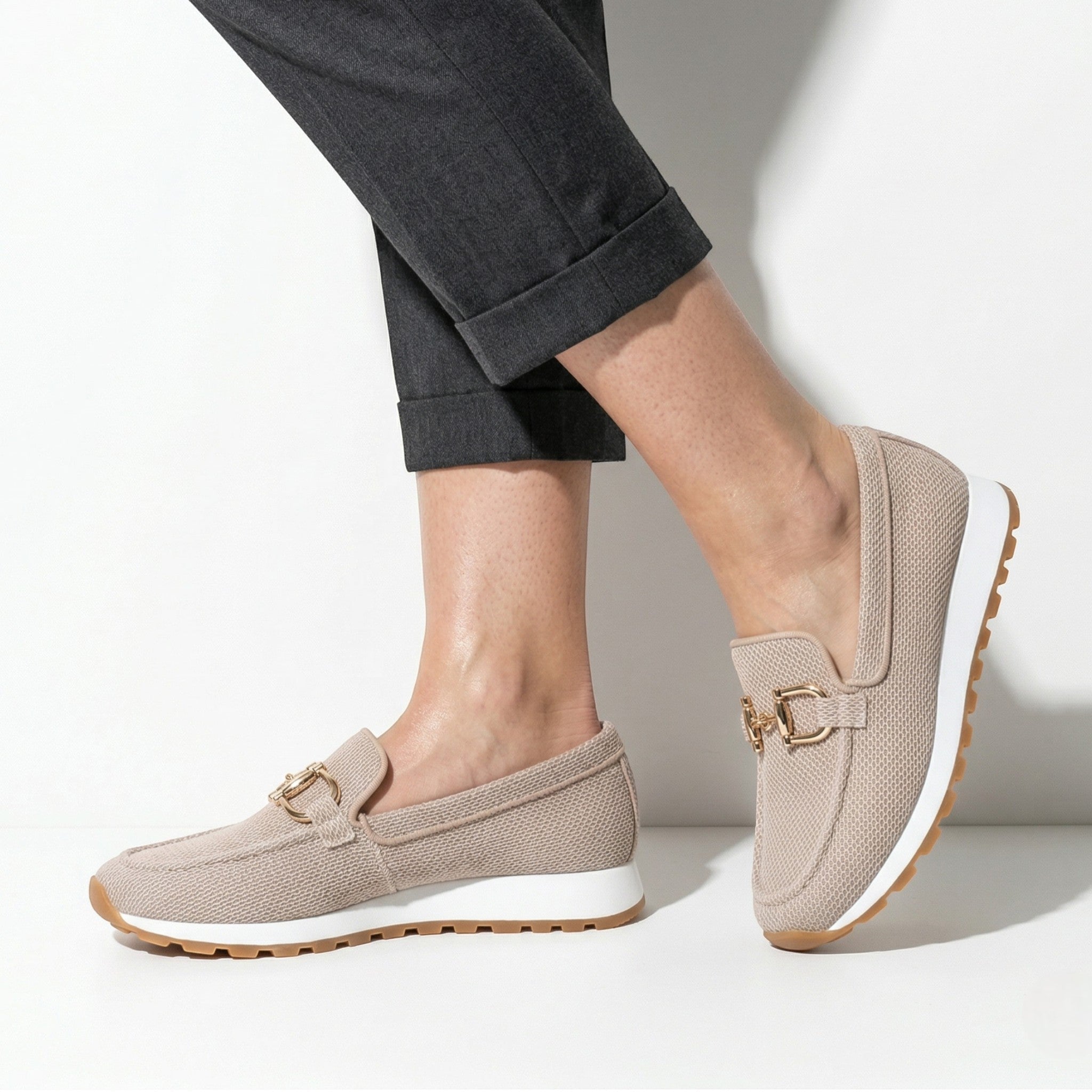 Sophie - Women's Breathable Slip - On Trainers with Gold Buckle - Trainers - Beige - Taylor & Bennett