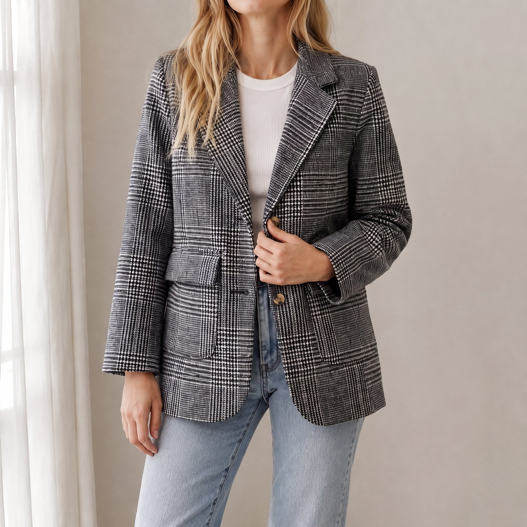 Sophie - Women's Double-Breasted Checked Blazer with Notch Lapel - Blazers - Black - Taylor & Bennett