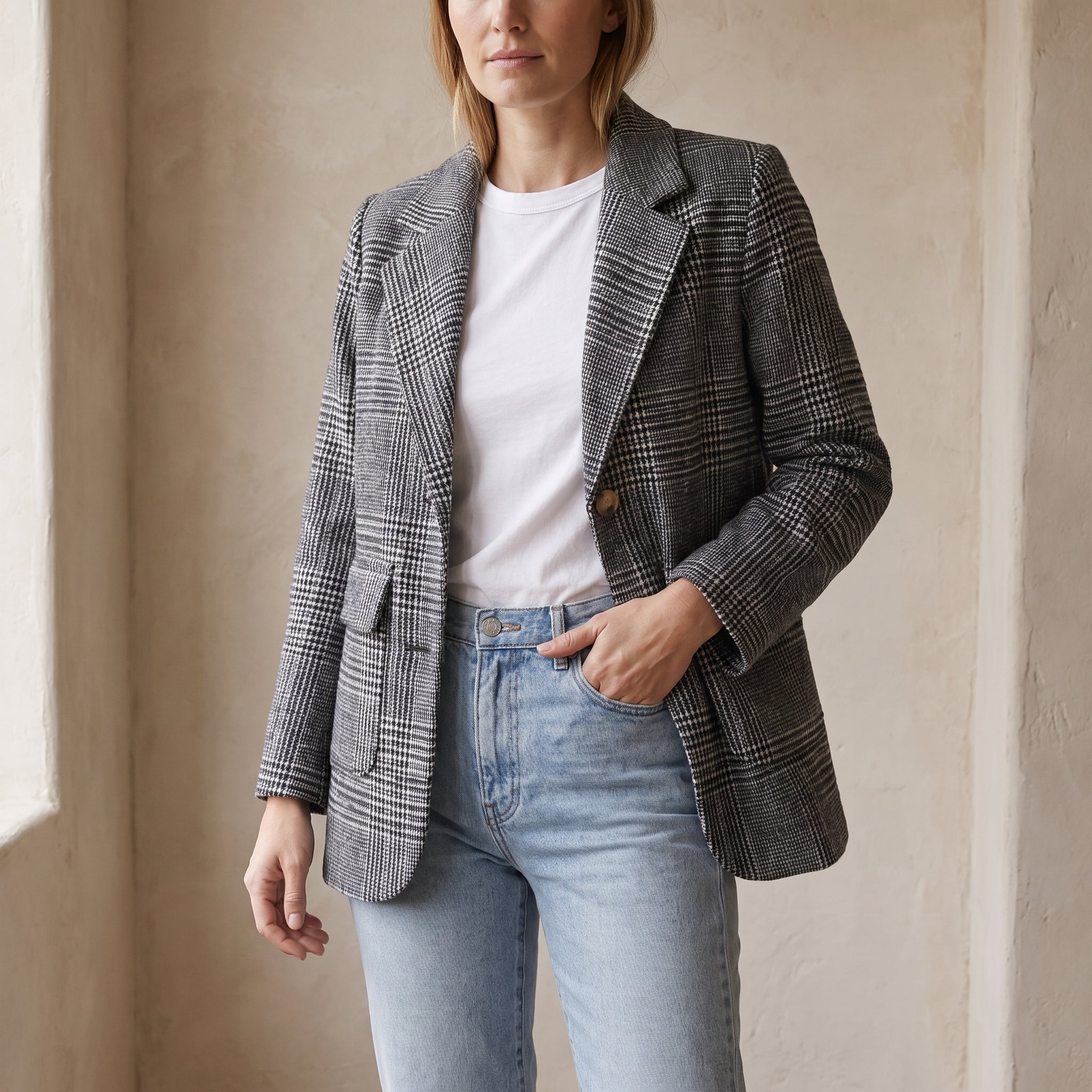 Sophie - Women's Double-Breasted Checked Blazer with Notch Lapel - Blazers - Black - Taylor & Bennett