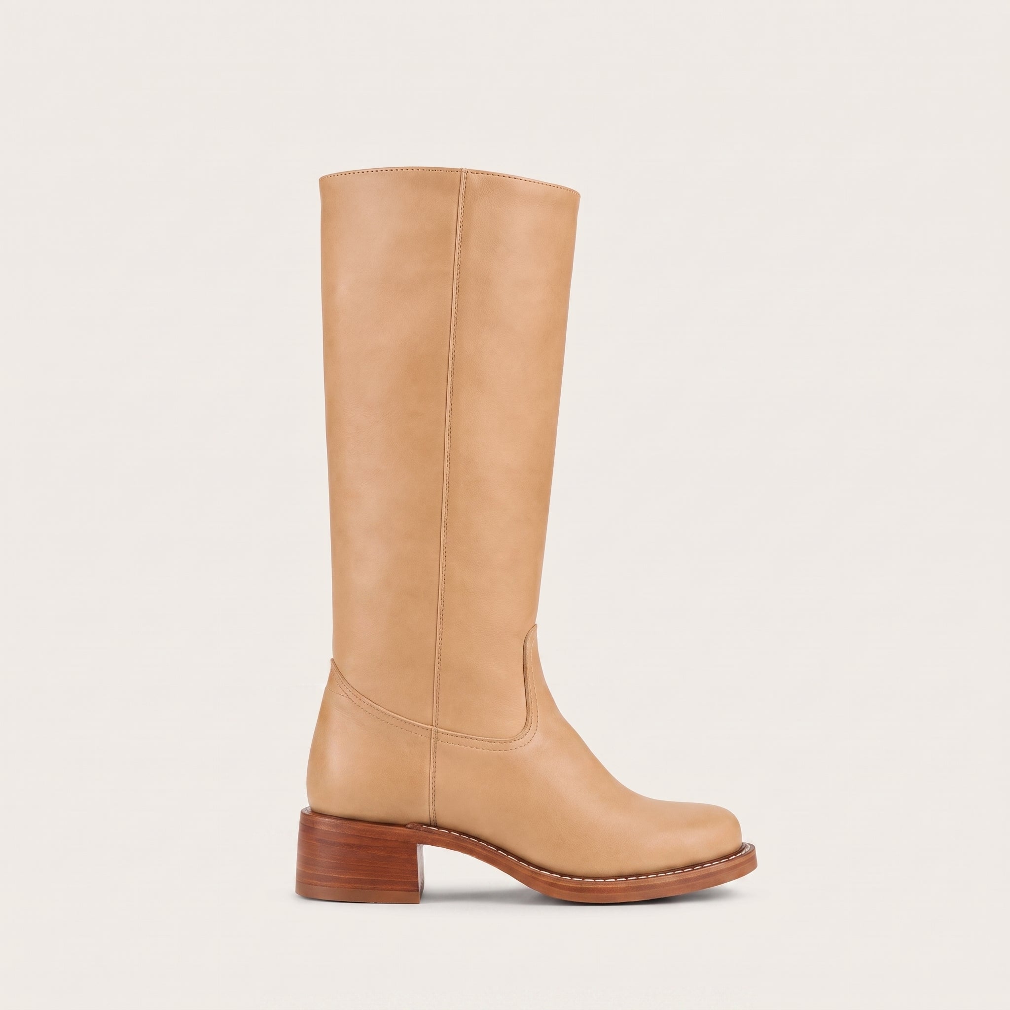 Sophie - Women's Knee-High Boots with Block Heel and Side Zip - Boots - Beige - Taylor & Bennett