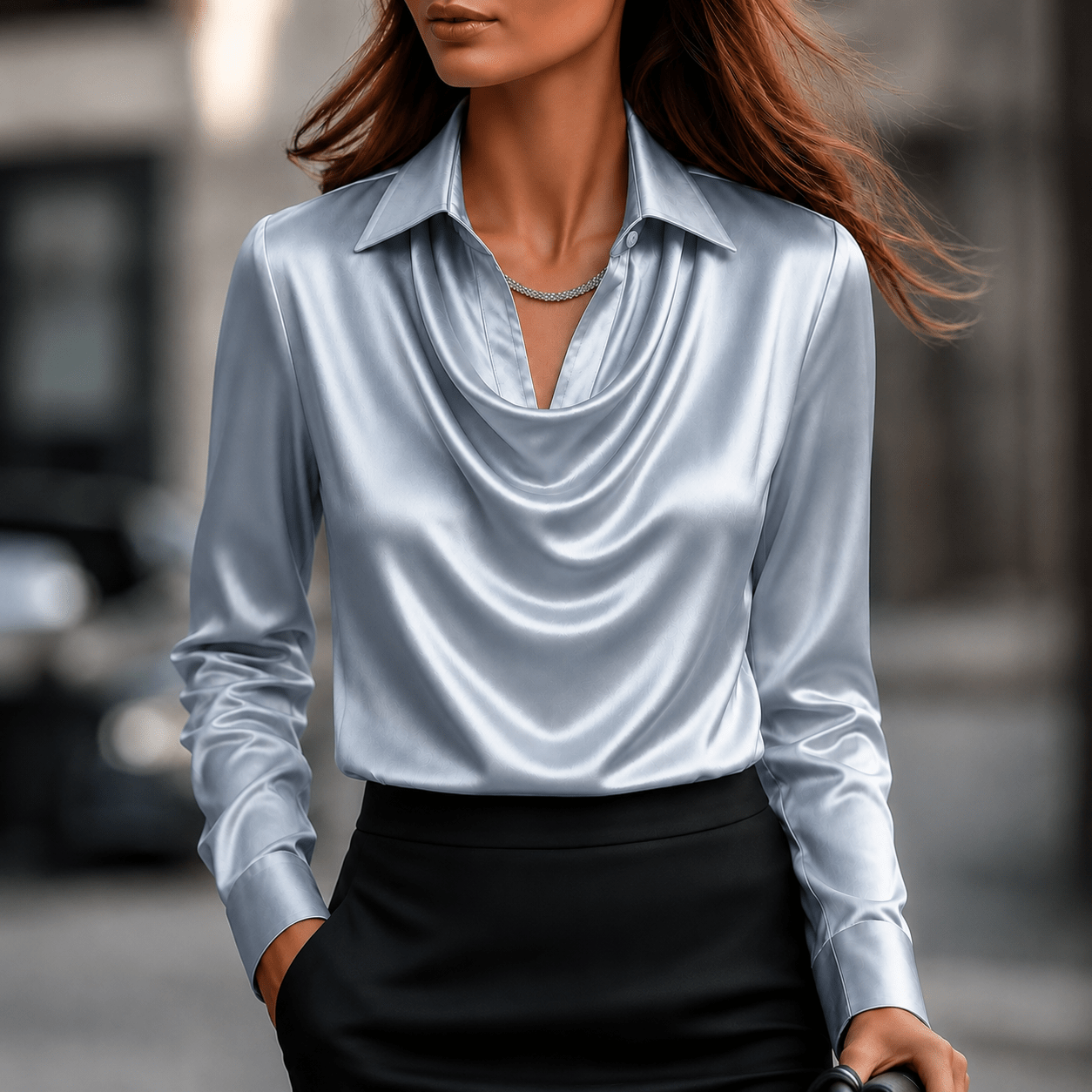 Sophie - Women's Long Sleeve Cowl Neck Blouse with Collar - Blouses - Light Blue - Taylor & Bennett