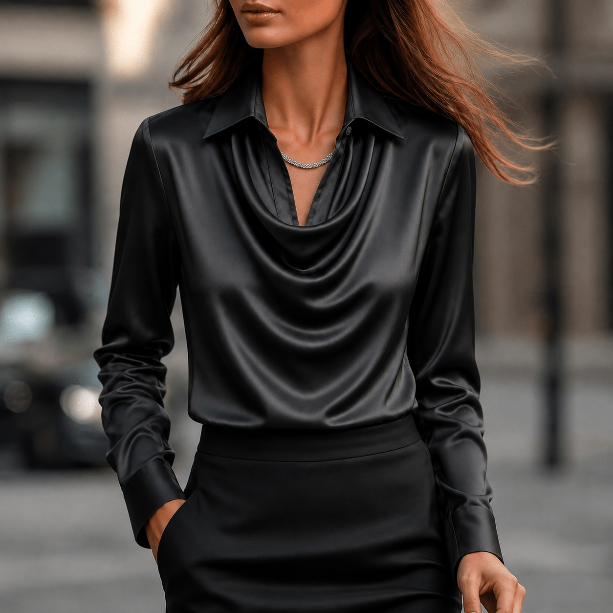 Sophie - Women's Long Sleeve Cowl Neck Blouse with Collar - Blouses - Black - Taylor & Bennett