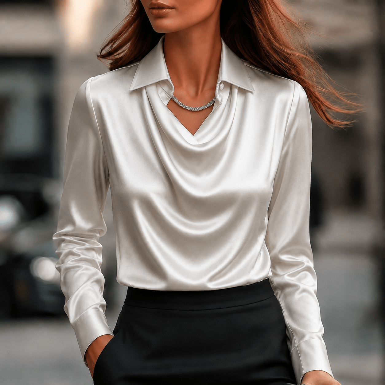 Sophie - Women's Long Sleeve Cowl Neck Blouse with Collar - Blouses - White - Taylor & Bennett