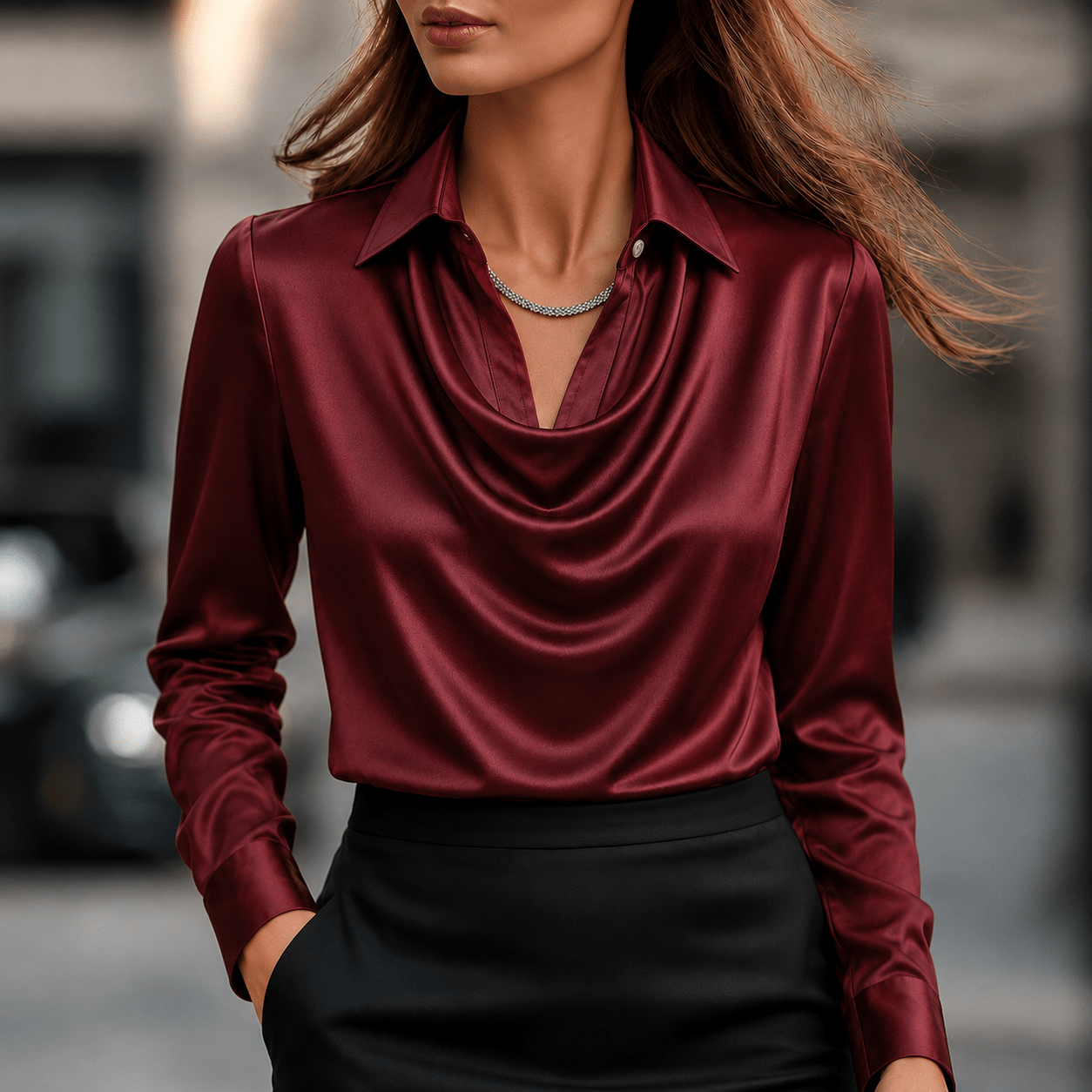 Sophie - Women's Long Sleeve Cowl Neck Blouse with Collar - Blouses - Burgundy - Taylor & Bennett