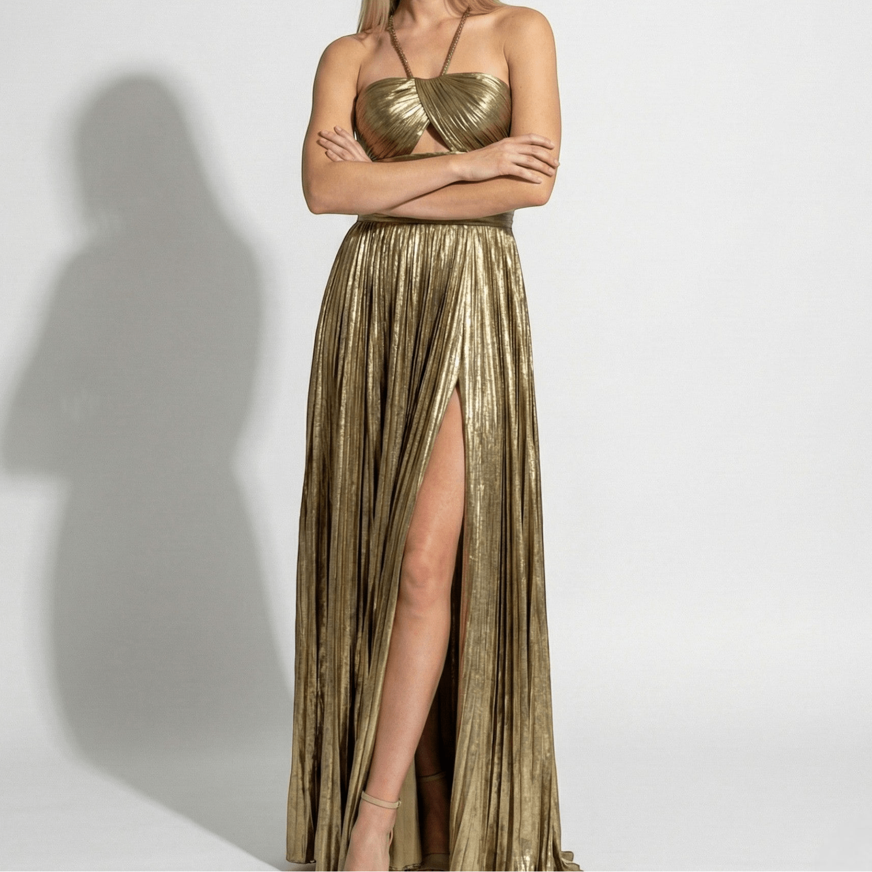 Sophie - Women's Metallic Pleated Maxi Dress with Halter Neckline - Dresses - Gold - Taylor & Bennett