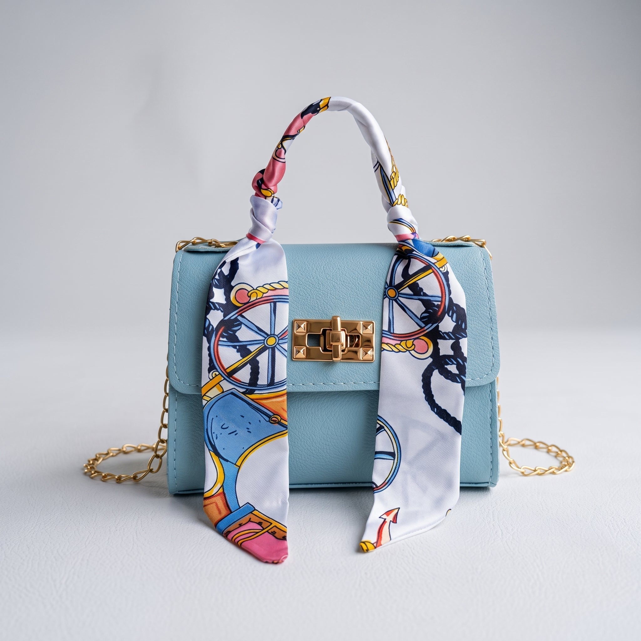 Sophie – Women's Mini Scarf Handle Chain Strap Handbag - Cross Body Bags - Blue - Taylor & Bennett