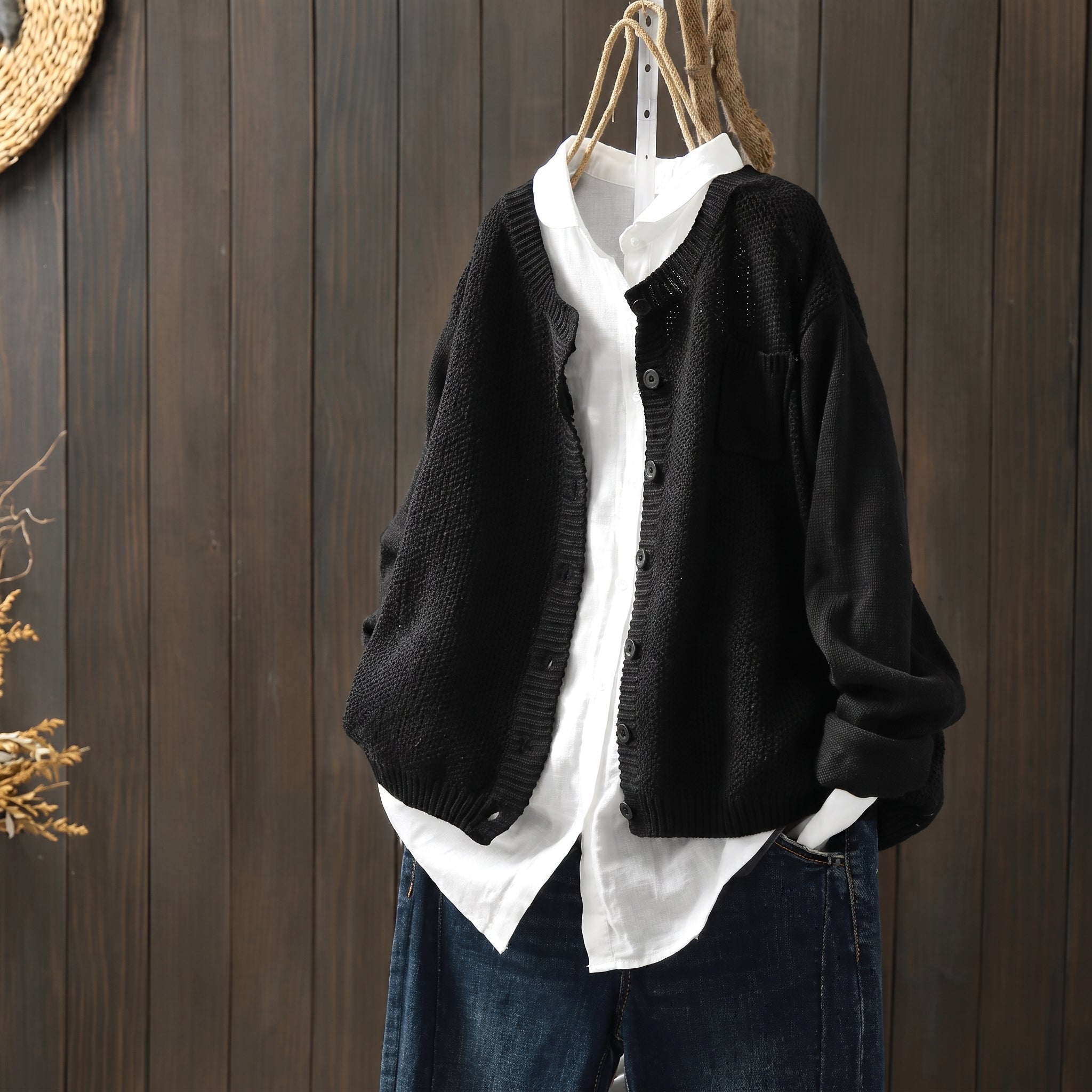 Sophie - Women's Oversized Button-Front Knit Cardigan with Chest Pocket - Cardigans - Black - Taylor & Bennett