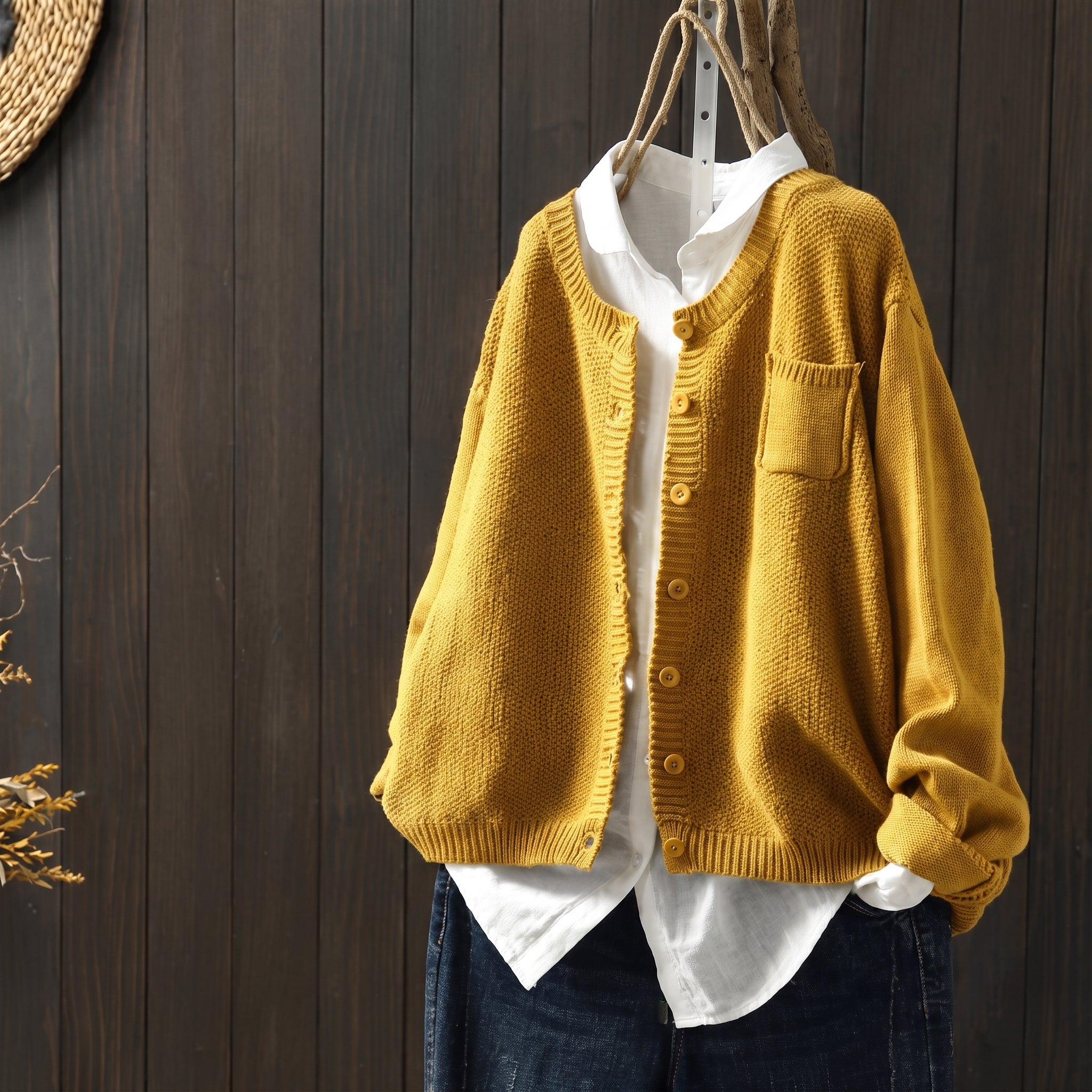 Sophie - Women's Oversized Button-Front Knit Cardigan with Chest Pocket - Cardigans - Yellow - Taylor & Bennett