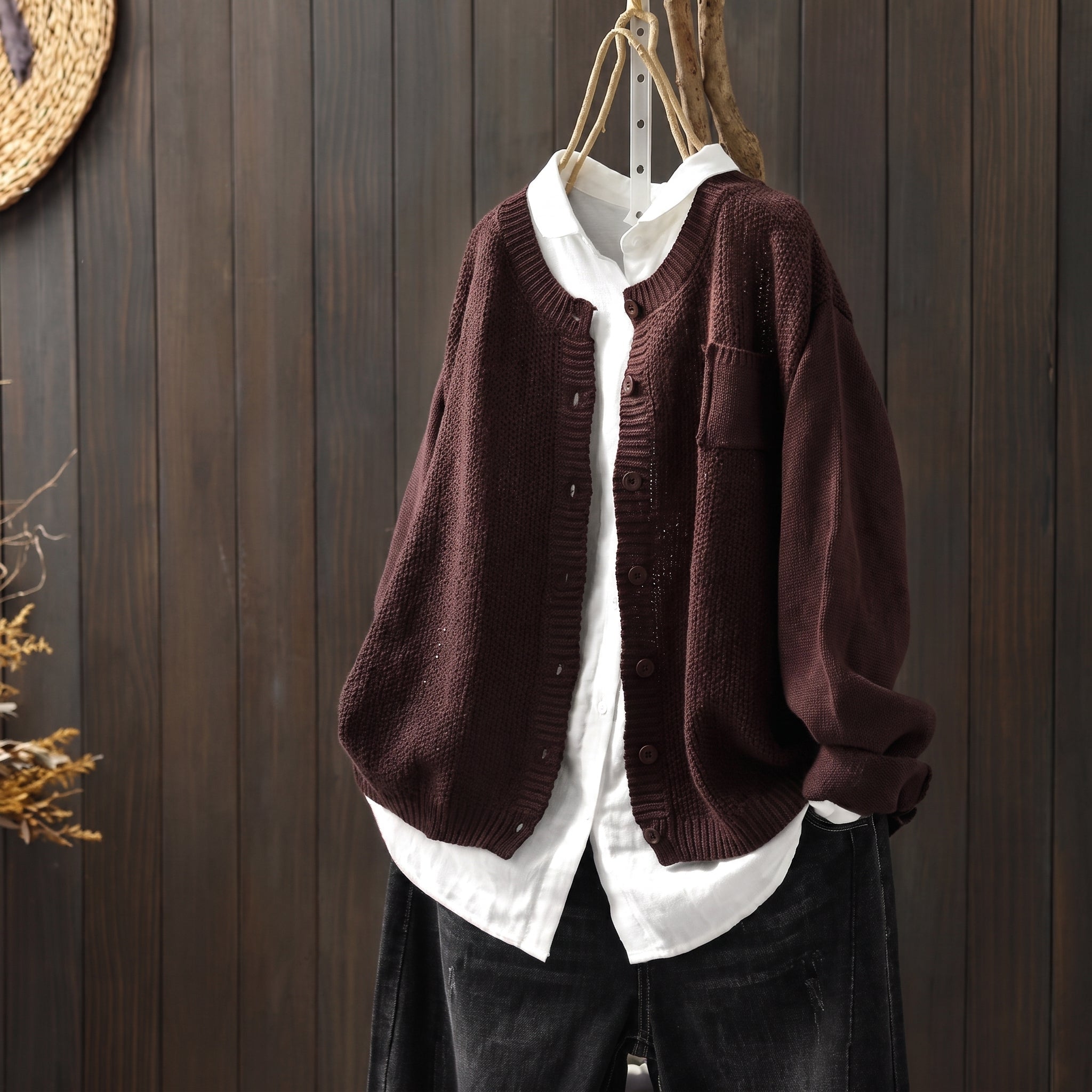 Sophie - Women's Oversized Button-Front Knit Cardigan with Chest Pocket - Cardigans - Brown - Taylor & Bennett