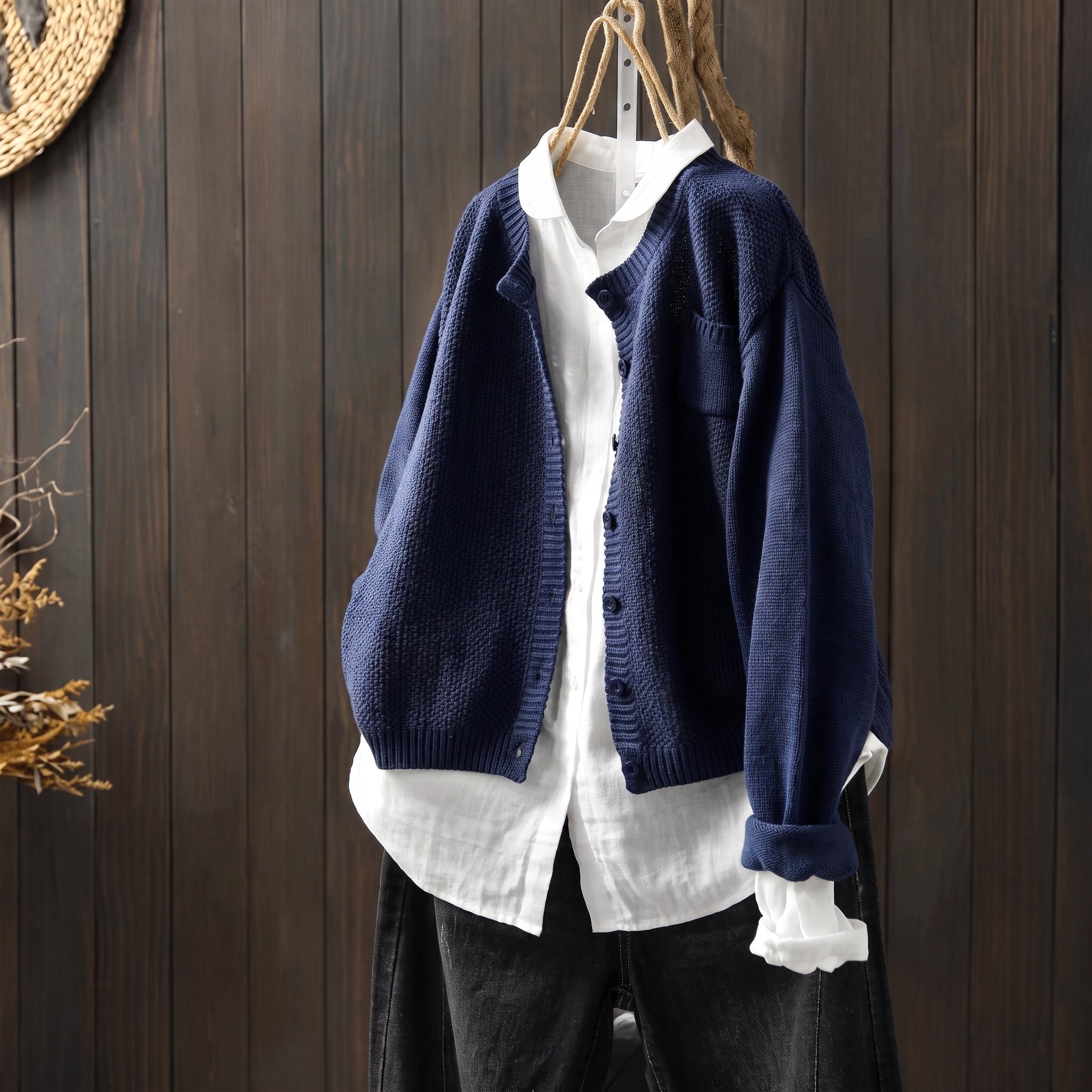 Sophie - Women's Oversized Button-Front Knit Cardigan with Chest Pocket - Cardigans - Blue - Taylor & Bennett