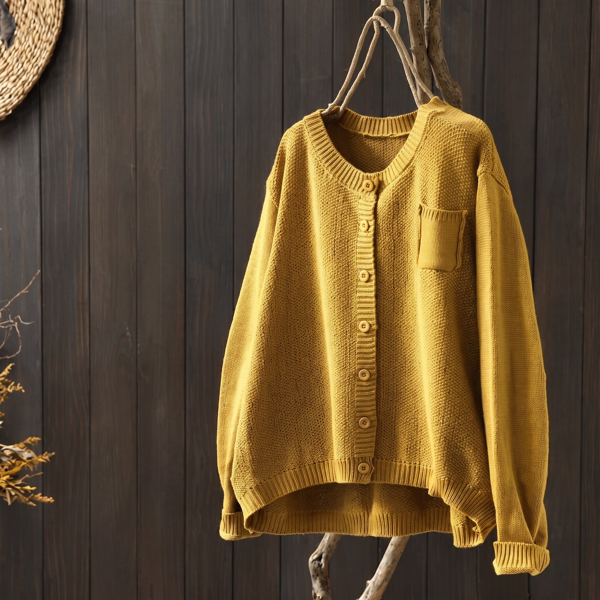 Sophie - Women's Oversized Button-Front Knit Cardigan with Chest Pocket - Cardigans - Yellow - Taylor & Bennett