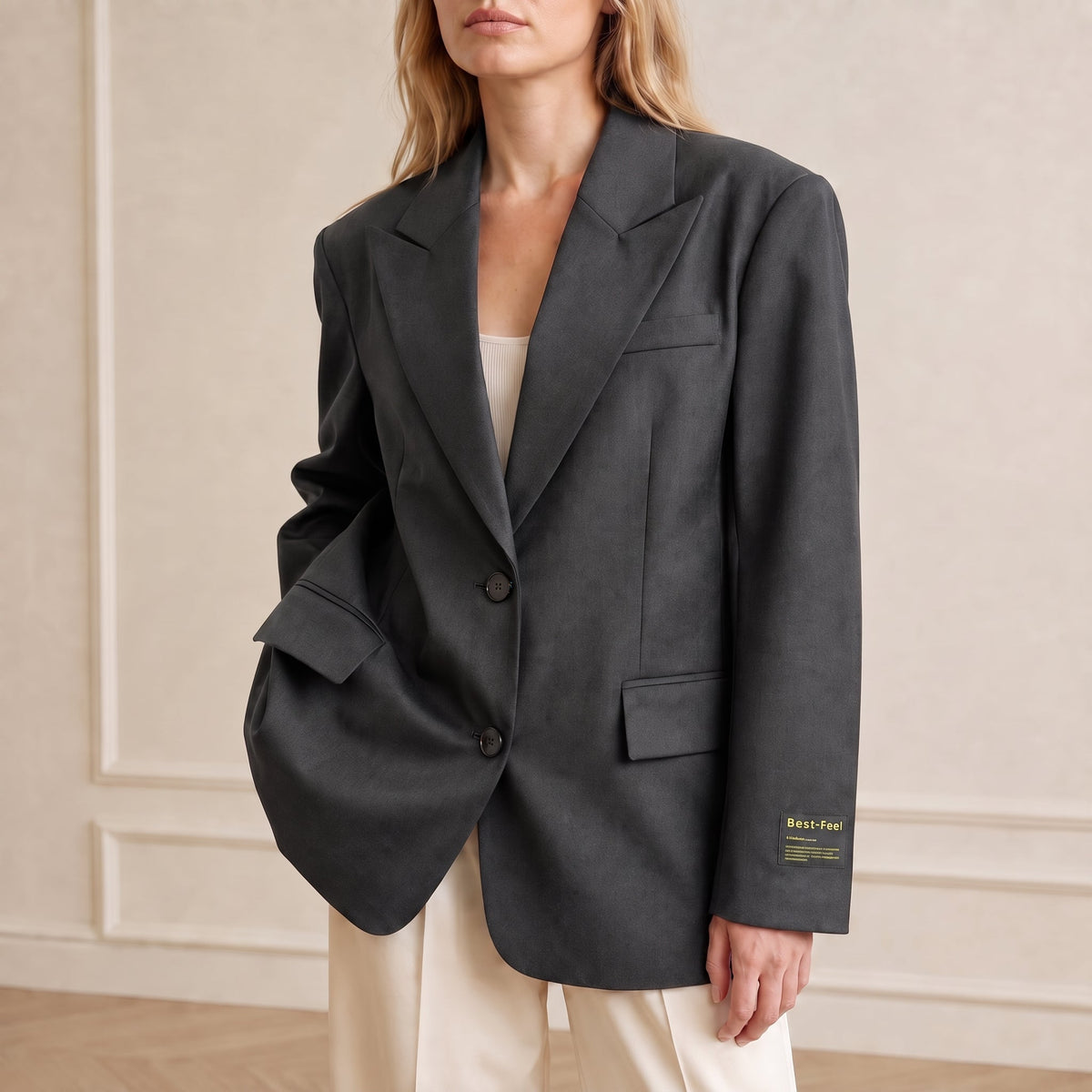 Sophie - Women's Oversized Double-Breasted Blazer with Notched Lapel - Blazers - Grey - Taylor & Bennett