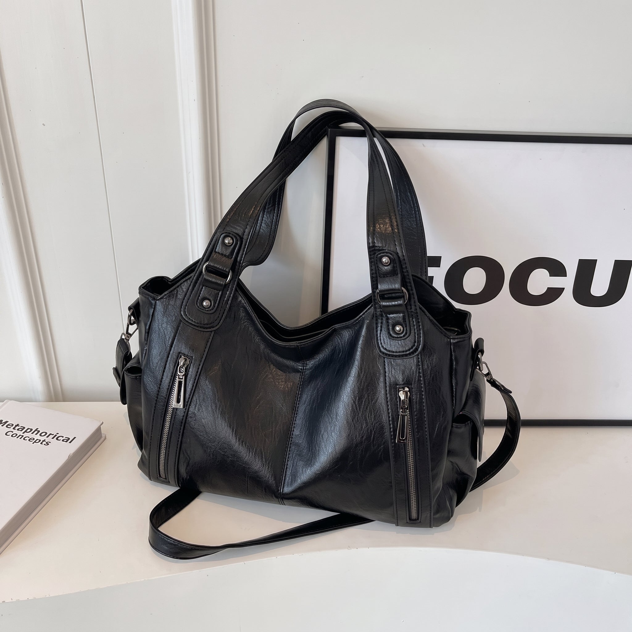 Sophie - Women's Shoulder Bag with Dual Handles and Zip Detail - Shoulder Bag - Black - Taylor & Bennett