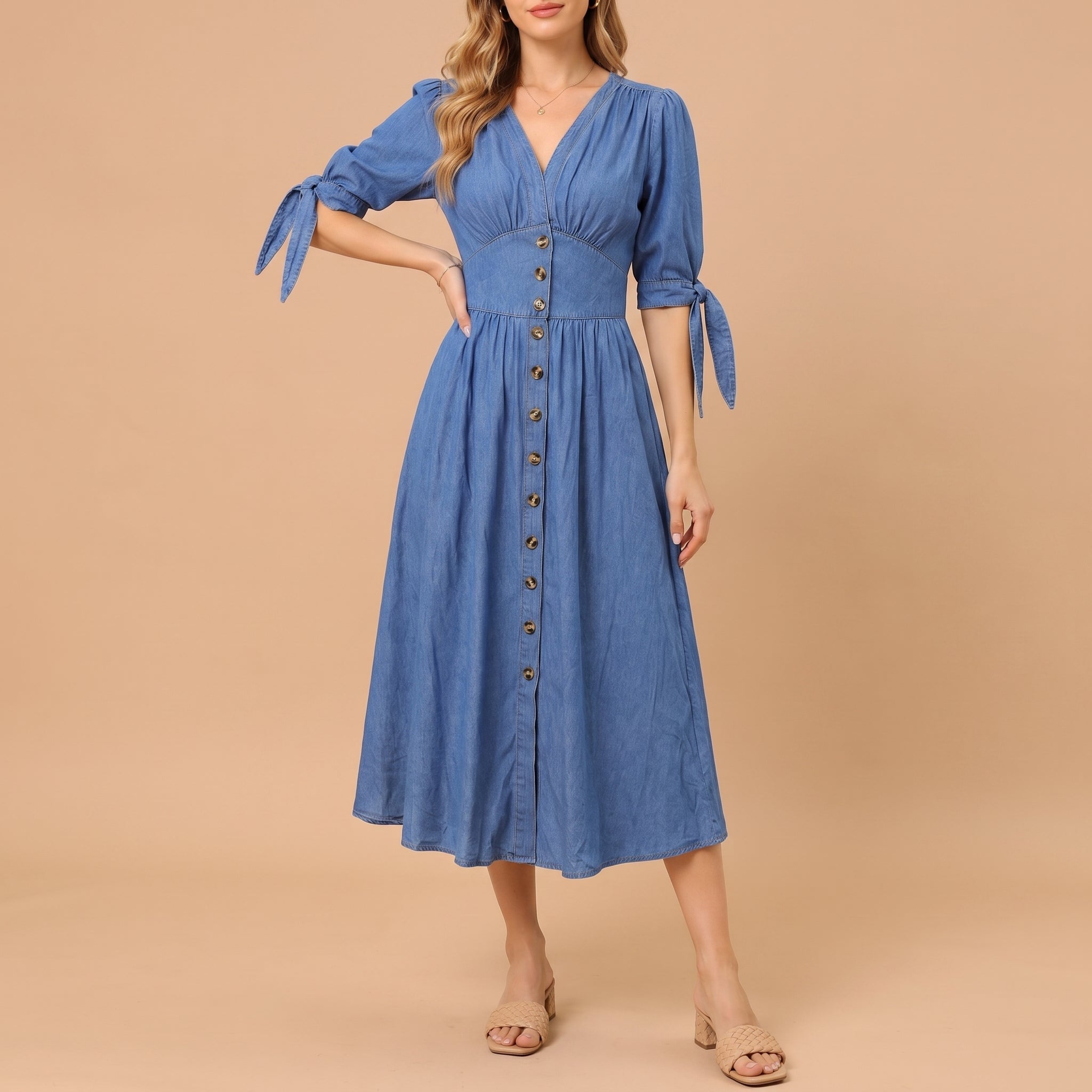 Sophie - Women's Summer Button-Down Tie Sleeve Midi Dress - Dresses - Blue - Taylor & Bennett