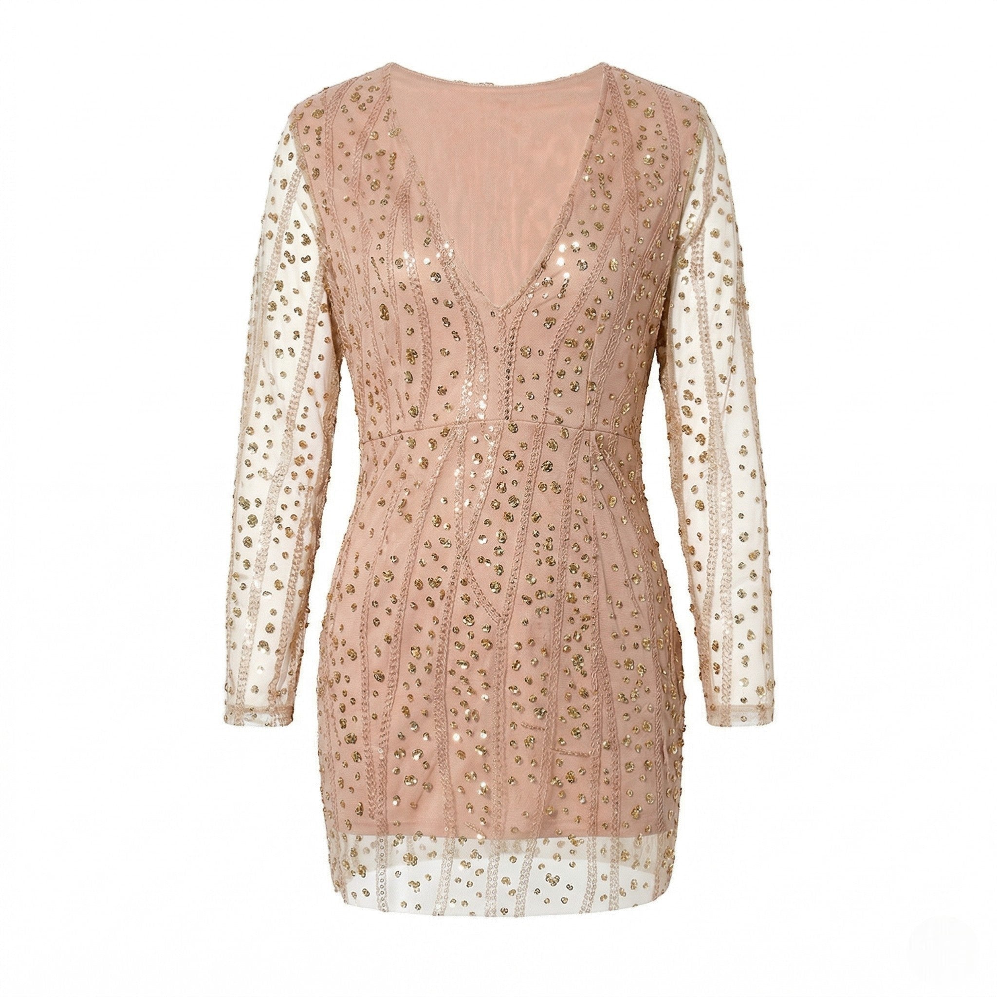 Sophie - Women's V - Neck Sequin Mini Dress with Sheer Sleeves - Mini Dress - Pink - Taylor & Bennett