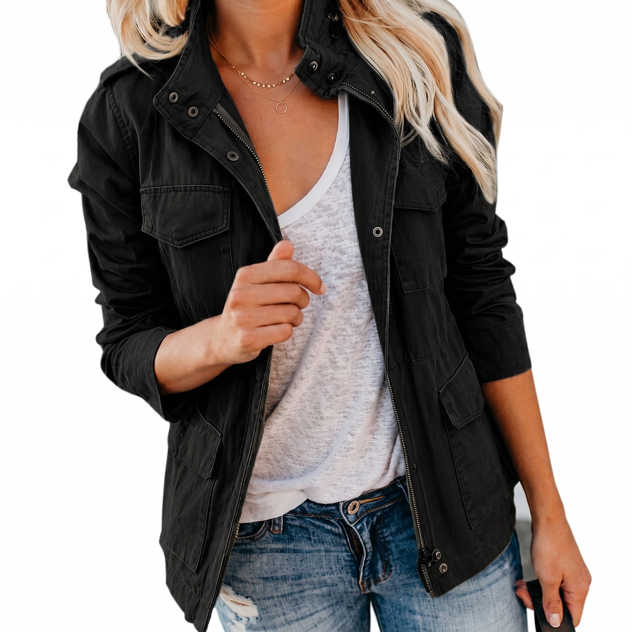 Sophie - Women's Zip-Up Utility Jacket with Chest Pockets - Jackets - Black - Taylor & Bennett