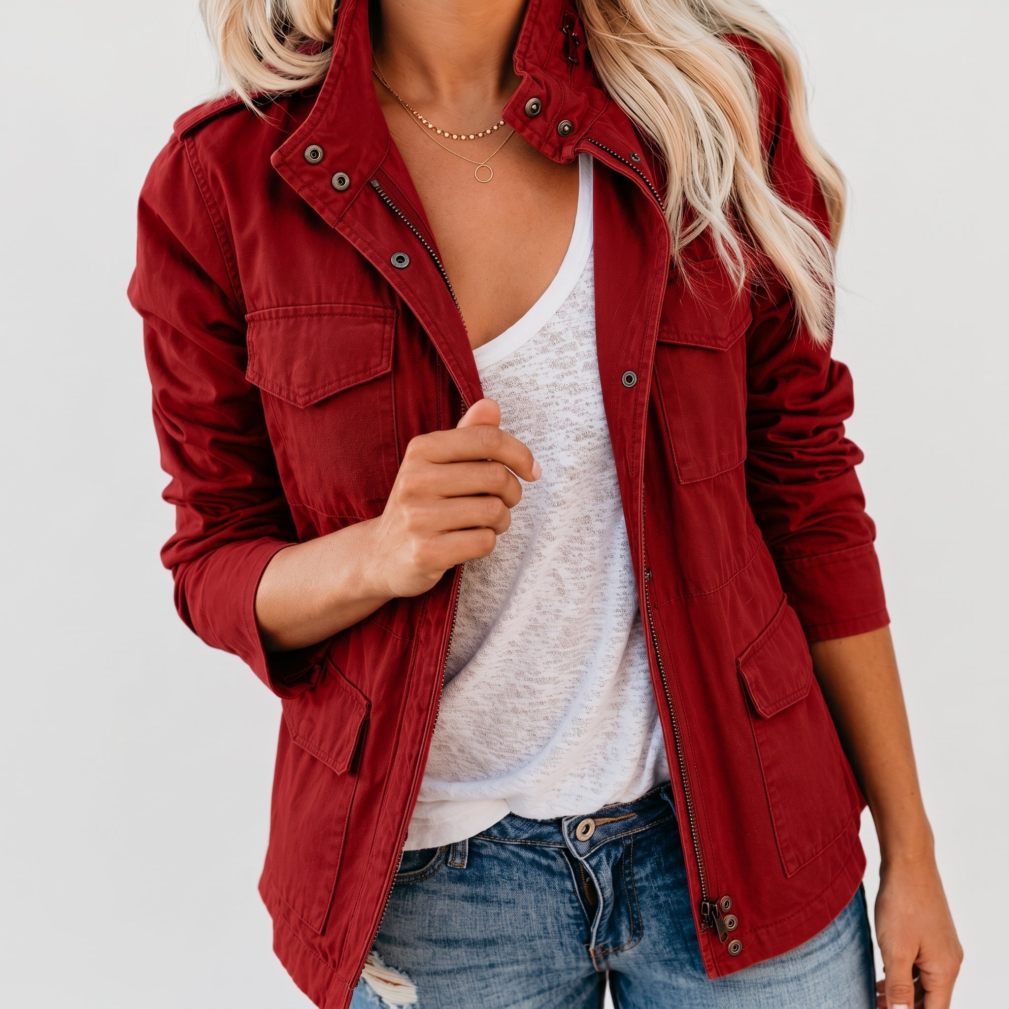 Sophie - Women's Zip-Up Utility Jacket with Chest Pockets - Jackets - Red - Taylor & Bennett