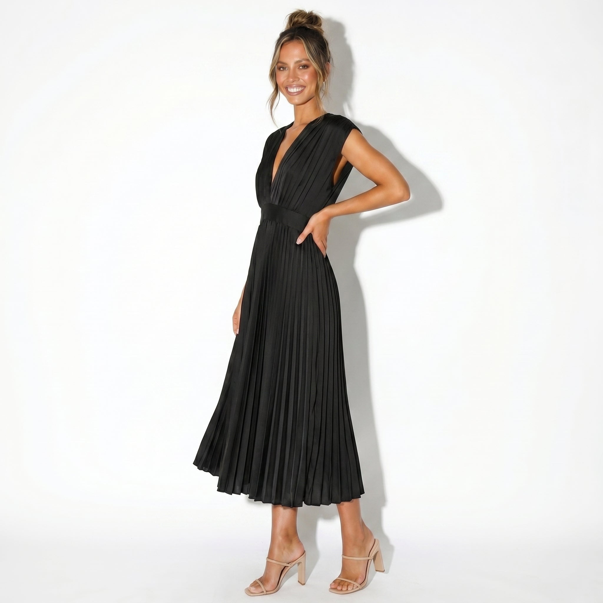 Stella - Women's Pleated Maxi Dress - Dress - Black - Taylor & Bennett